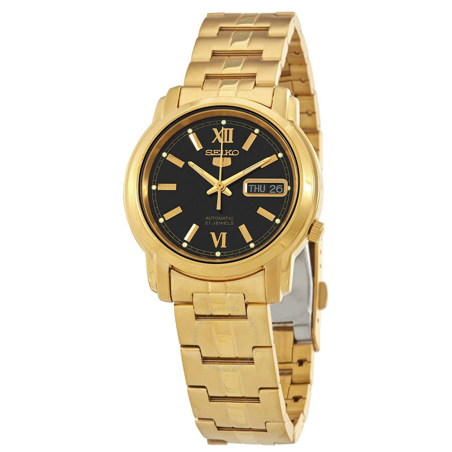 Seiko 5 Unisex 38mm Watch SNKK86K1 – Japanese Made Automatic, Gold-Tone Stainless Steel, Hardlex Crystal, Day-Date Display, 30M Water Resistance