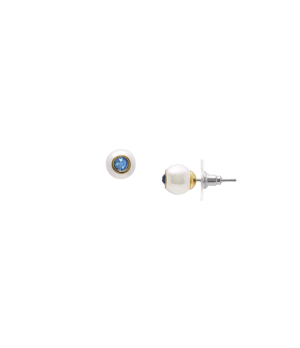 Fossil JA7253710 Gold-Tone Brass White Shell & Blue Rhinestone Stud Earrings