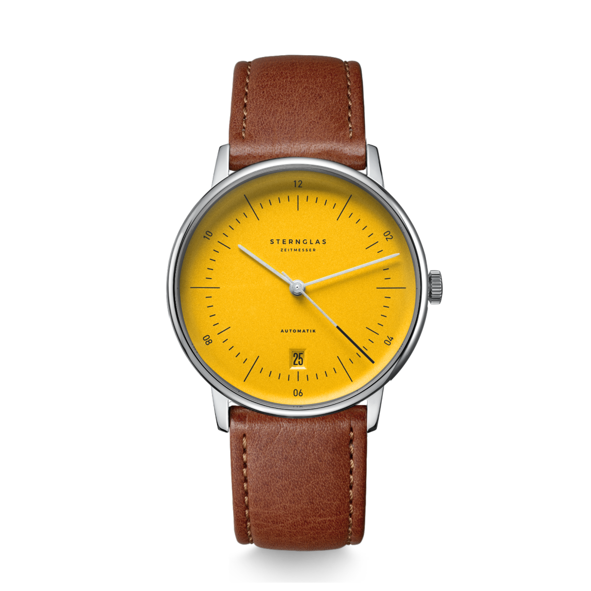 Sternglas NAOS AUTOMATIC Edition Yellow 38mm Automatic Watch S02-NAY23-MO02, Yellow Dial, Sapphire Crystal, Modena Brown Leather Strap, 5 ATM Water Resistant