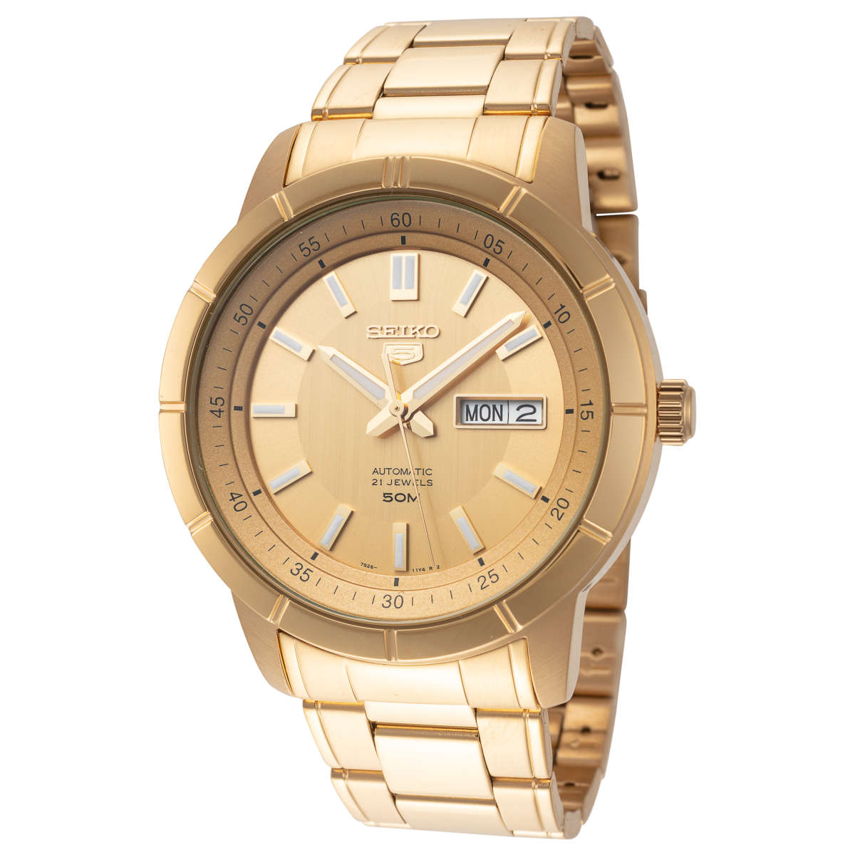Seiko 5 Gold-Plated Men's Watch SNKN62K1 – Japanese Made 43mm Automatic Watch, Stainless Steel, Hardlex Crystal, 50M Water Resistance