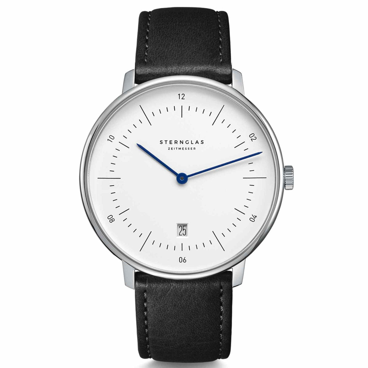 Sternglas NAOS XL 42mm Quartz Watch S01-NX01-MO01, White Dial, Sapphire Crystal, Modena Black Leather Strap, 5 ATM Water Resistant