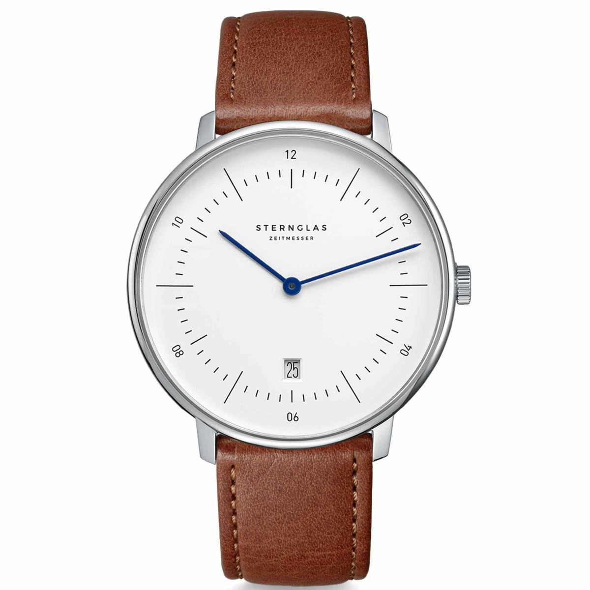Sternglas NAOS XL 42mm Quartz Watch S01-NX01-MO02, White Dial, Sapphire Crystal, Modena Brown Leather Strap, 5 ATM Water Resistant
