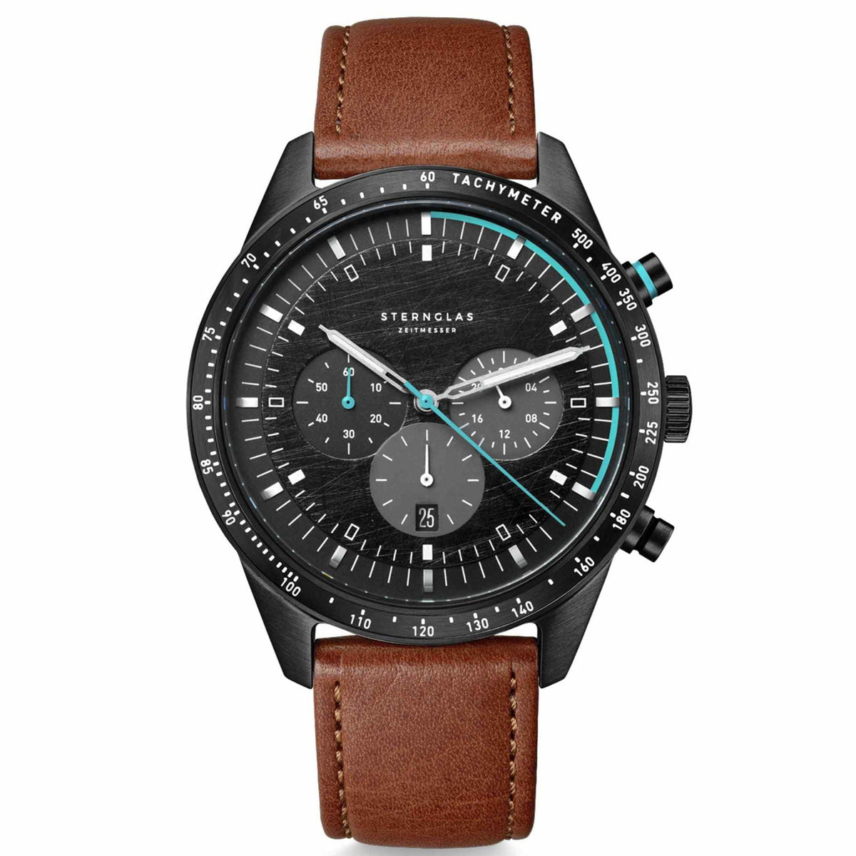 Sternglas TACHYMETER Edition Meteor 42mm Quartz Watch S01-TYM05-MO15, Black-Turquoise Dial, Sapphire Crystal, Modena Brown Leather Strap, 5 ATM Water Resistant