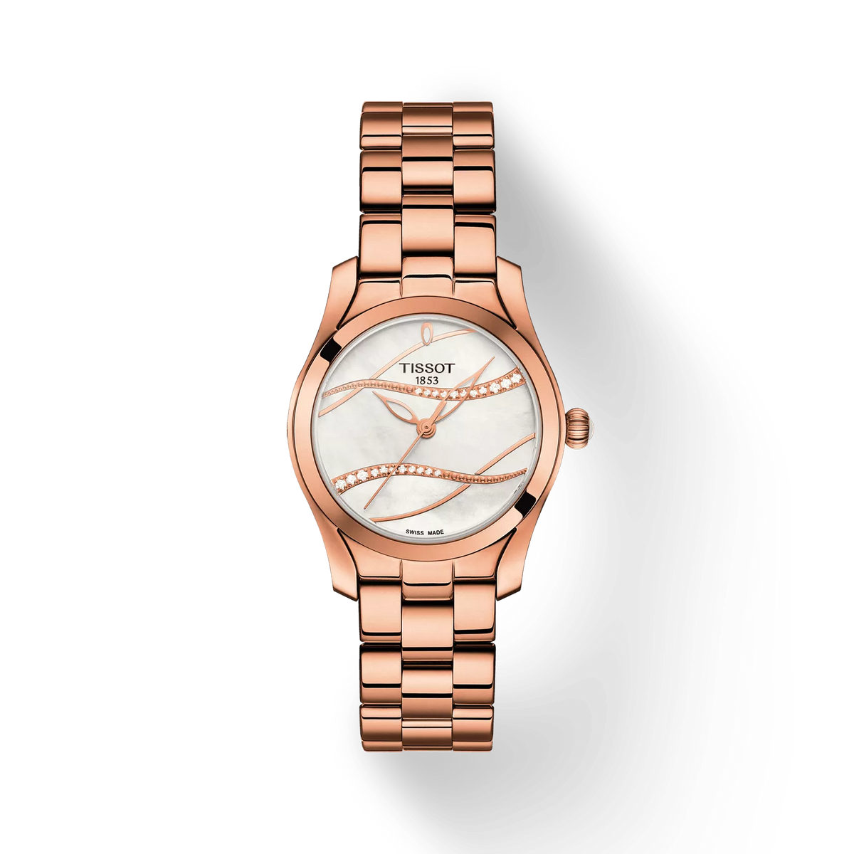 Tissot T-Wave 30mm Quartz Watch T1122103311100, White Mother-of-Pearl Dial with Diamonds, Rose Gold PVD Case, Swiss Made, 30M Water Resistance