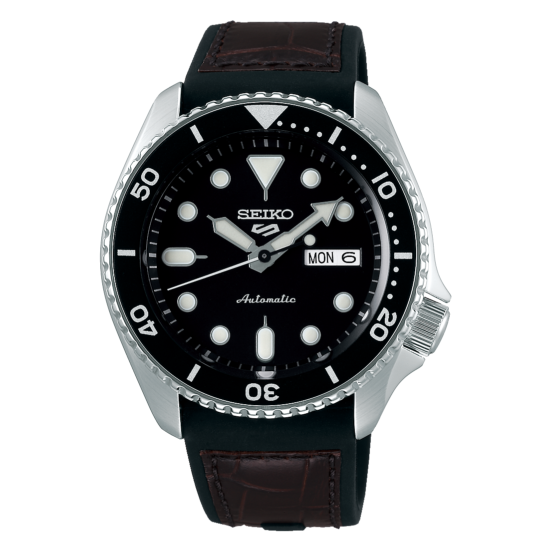 Seiko 5 Sports SRPD55K2 – 42mm Automatic Watch, Black Dial, Silicone Strap, Hardlex Crystal, Day-Date Display, 10 Bar Water Resistance