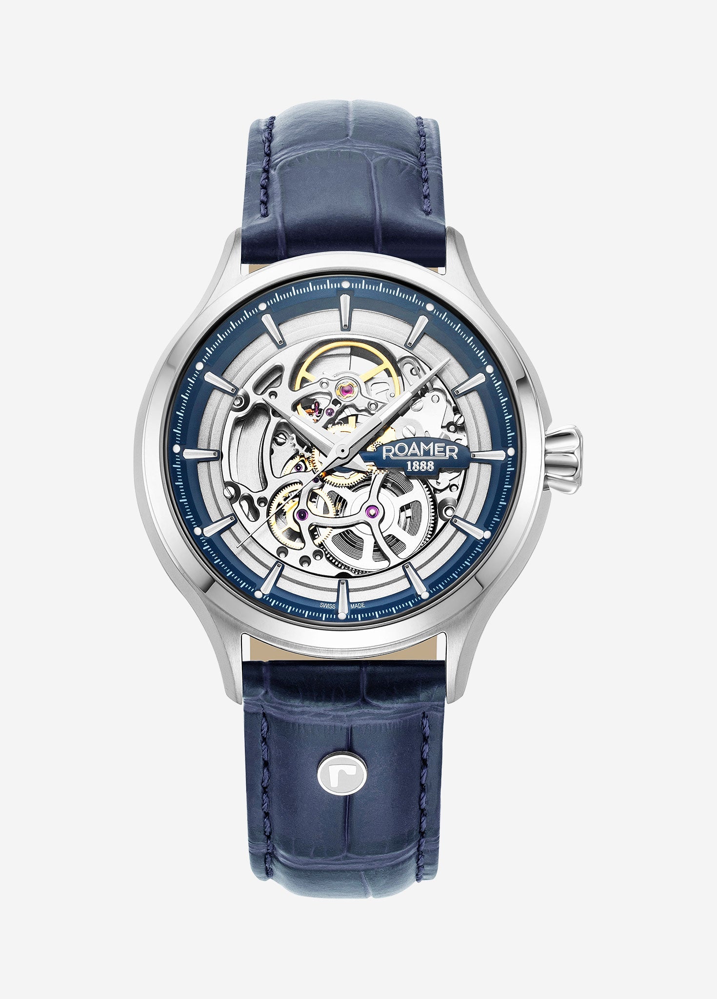 Roamer Competence Skeleton IV Automatic Watch – Swiss Made SOPROD P024SK, 43mm Stainless Steel Case, 50m Water Resistance, Sapphire Crystal, Blue Leather Strap