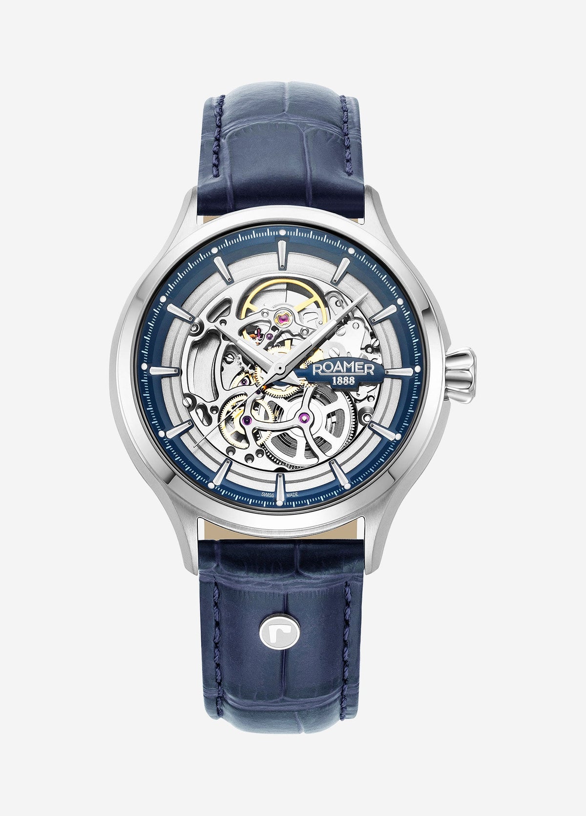 Roamer Competence Skeleton IV Automatic Watch – Swiss Made SOPROD P024SK, 43mm Stainless Steel Case, 50m Water Resistance, Sapphire Crystal, Blue Leather Strap