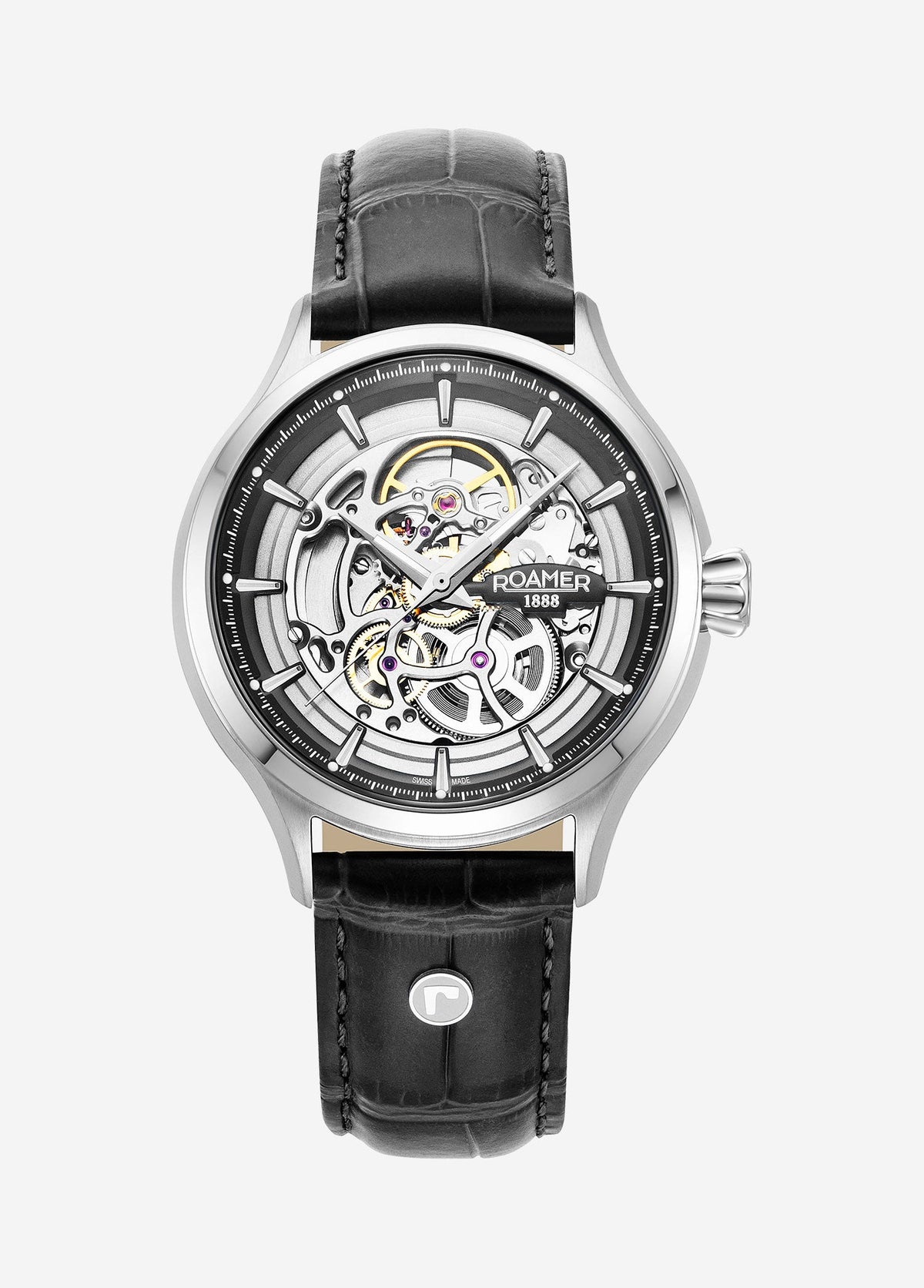 Roamer Competence Skeleton IV Automatic Watch – Swiss Made SOPROD P024SK, 43mm Silver Stainless Steel Case, 50m Water Resistance, Sapphire Crystal, Leather Strap