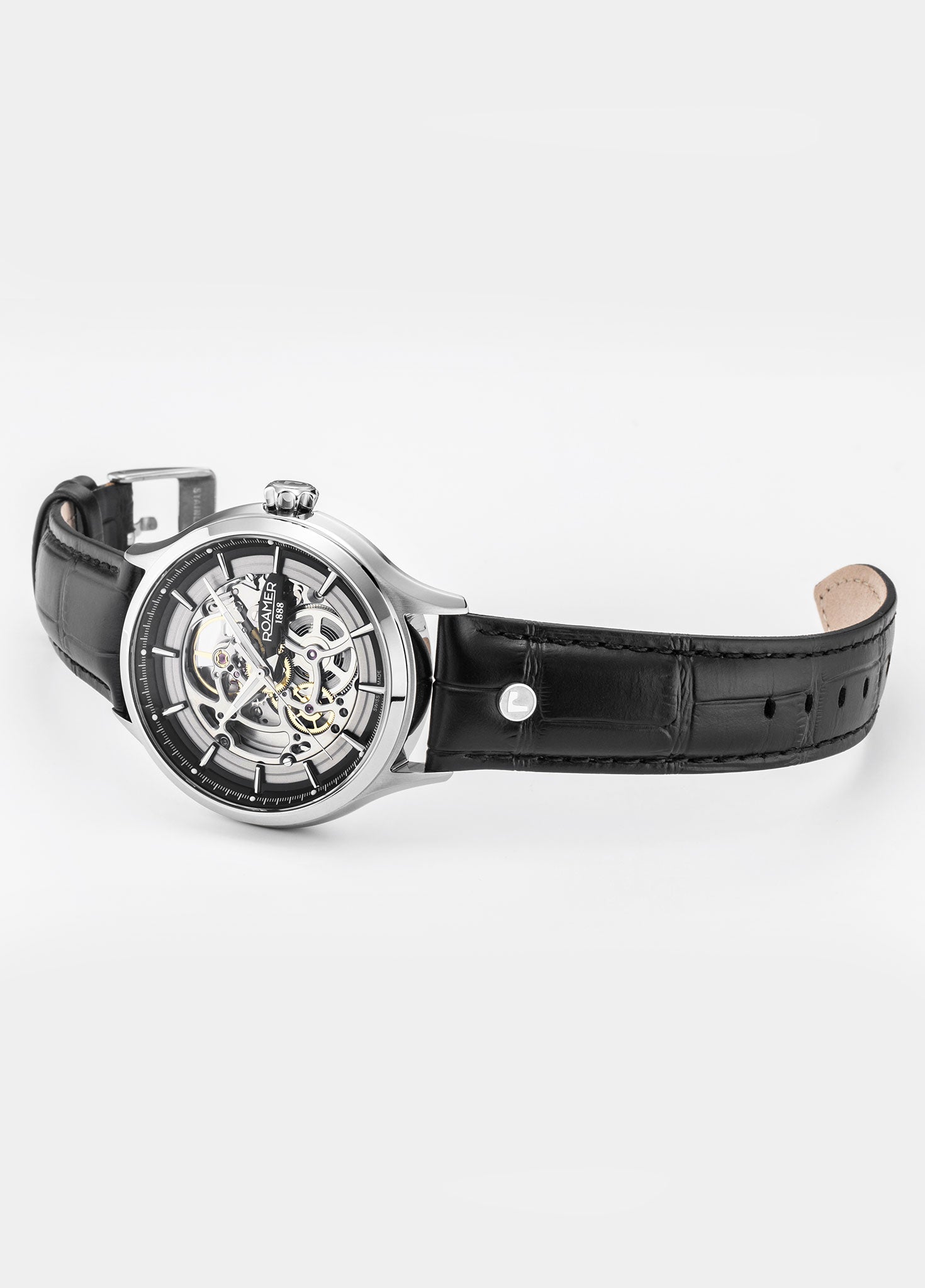 Roamer Competence Skeleton IV Automatic Watch – Swiss Made SOPROD P024SK, 43mm Silver Stainless Steel Case, 50m Water Resistance, Sapphire Crystal, Leather Strap