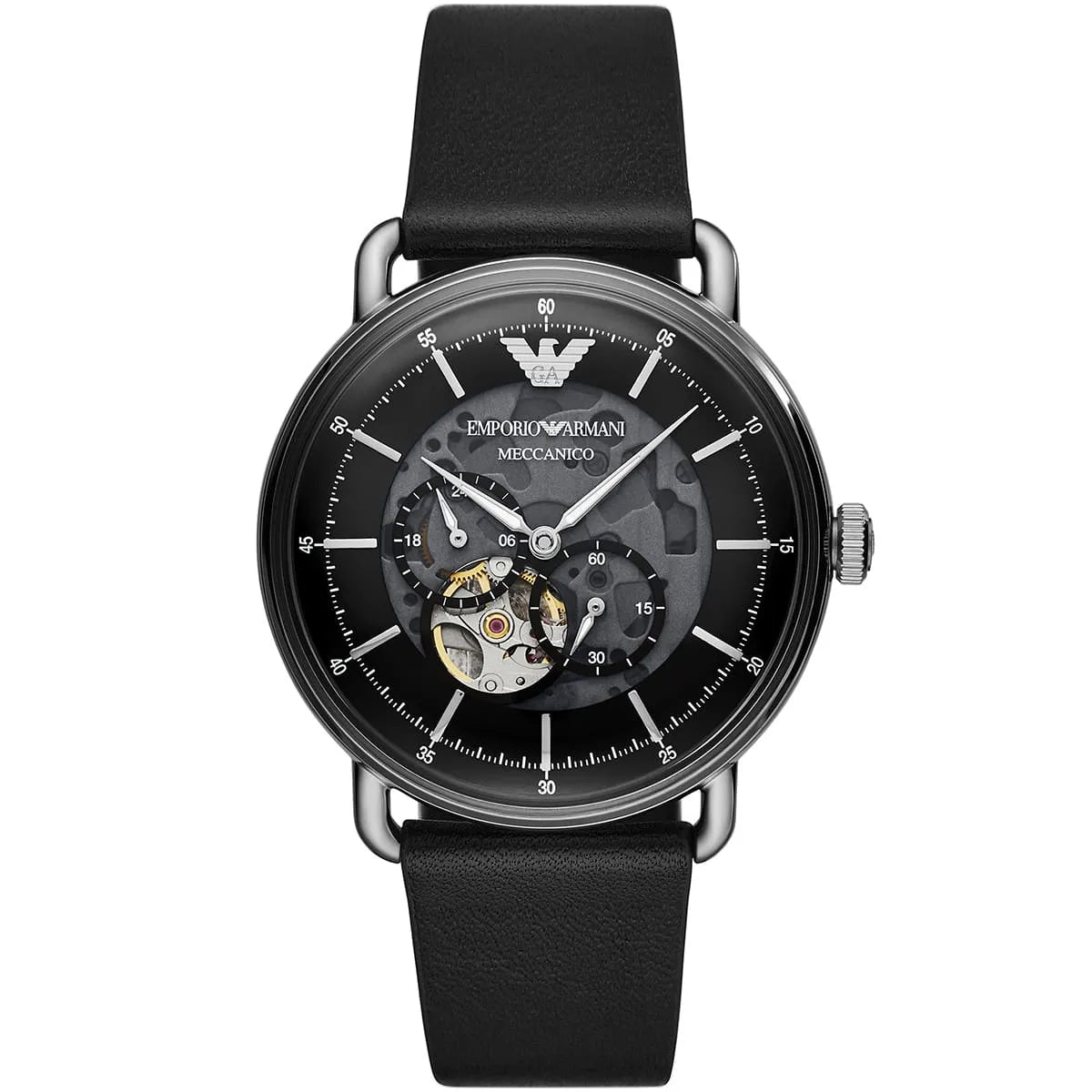 Emporio Armani Aviator Black Dial Leather 43mm Mens Watch