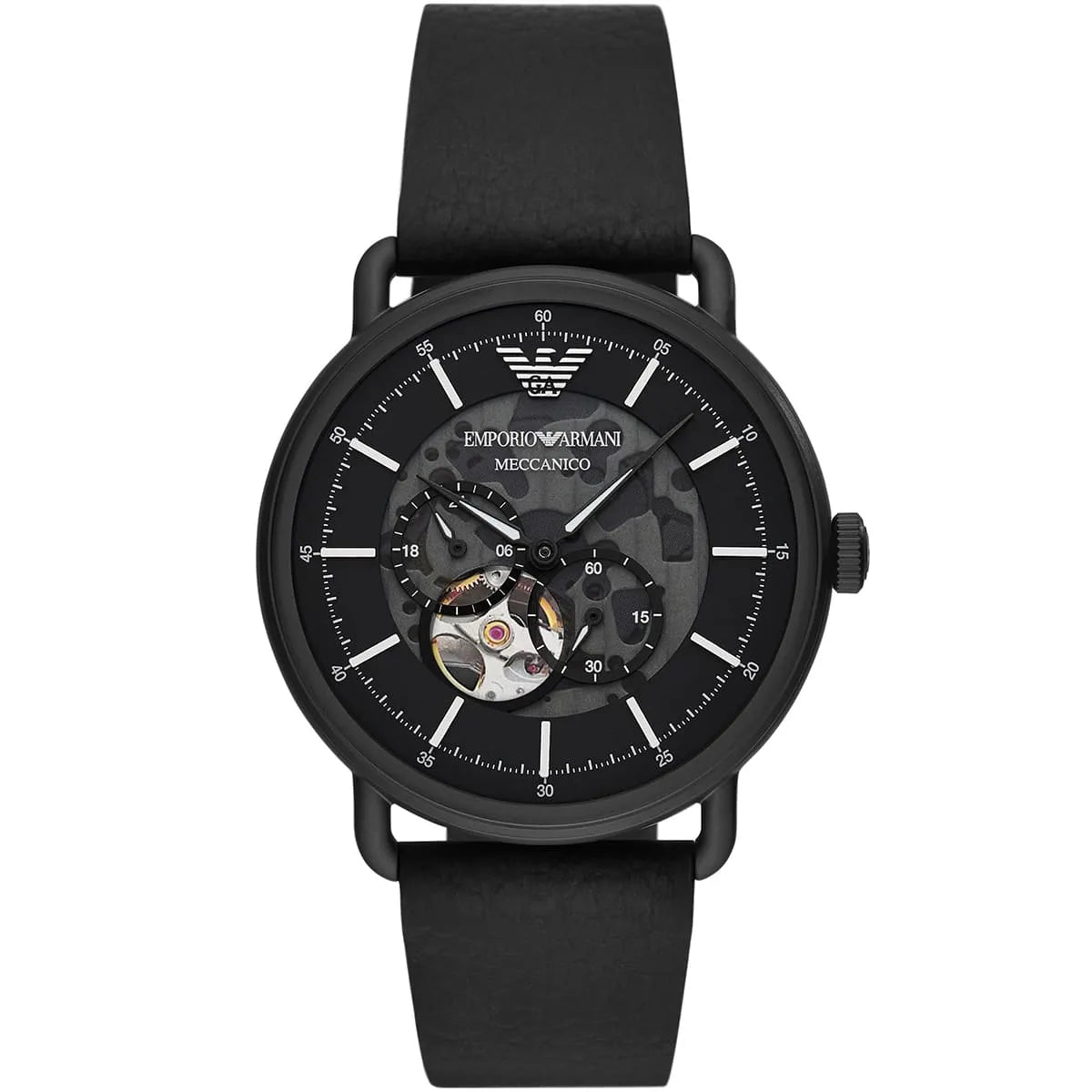 Emporio Armani Aviator Black Dial Leather 43mm Mens Watch