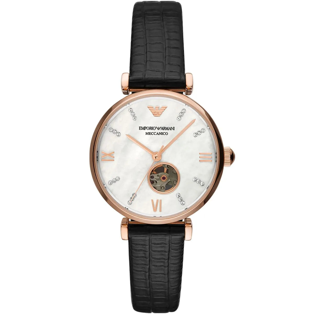 Emporio Armani Meccanico Automatic Gianni T-Bar  White Dial Leather 34 mm Ladies Watch