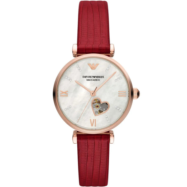 Emporio Armani Meccanico Automatic Red Leather 34 mm Ladies Watch AR60048