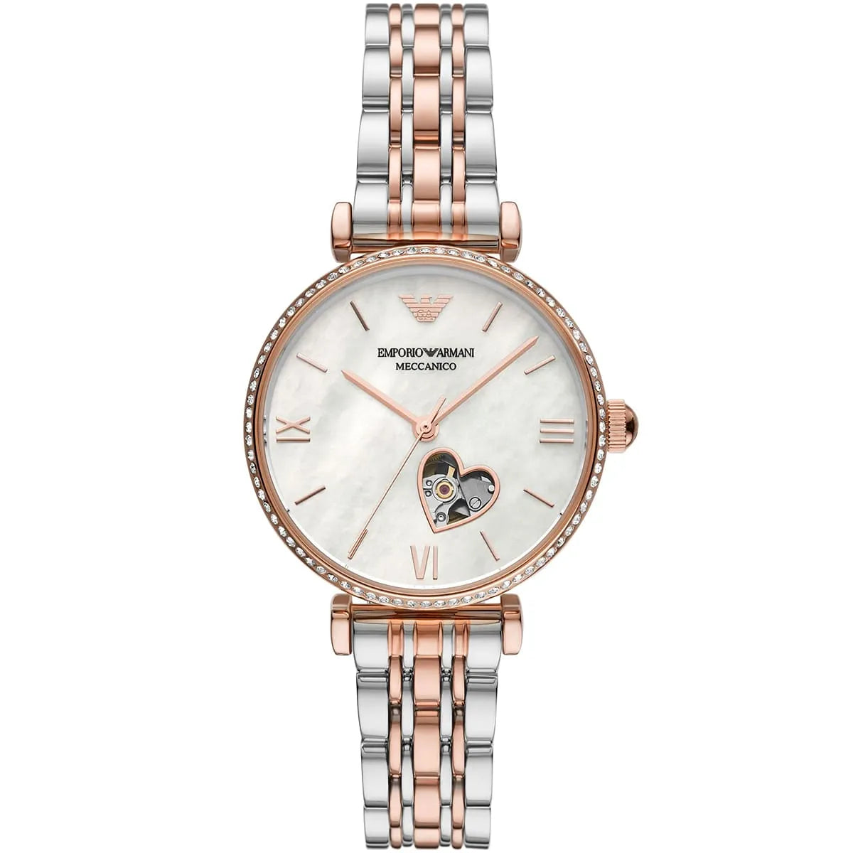 Emporio Armani Meccanico Ladies Automatic White Dial Two-Tone Stainless Steel 34mm Watch