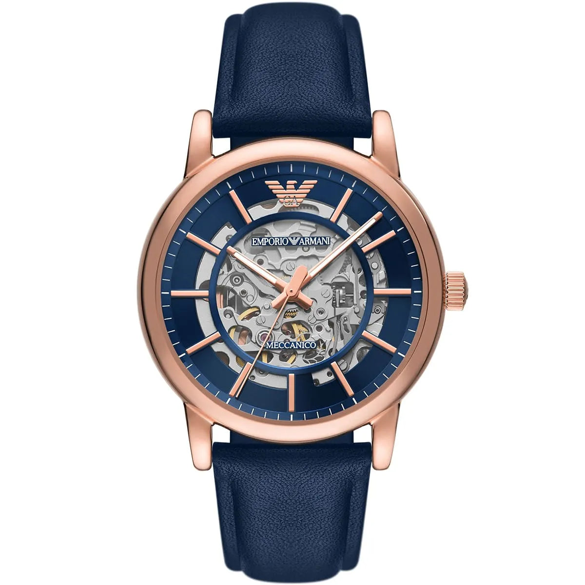 Emporio Armani Meccanico Luigi Blue Dial Blue Leather 43 mm Mens Watch AR60050