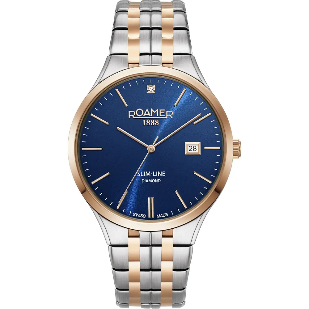 Roamer Slim-Line Diamond 40 mm Men's Battery Watch – Swiss Made, Silver Stainless Steel, Blue Dial, Bicolor Rose Metal Strap, Sapphire Crystal, 5ATM Water Resistance