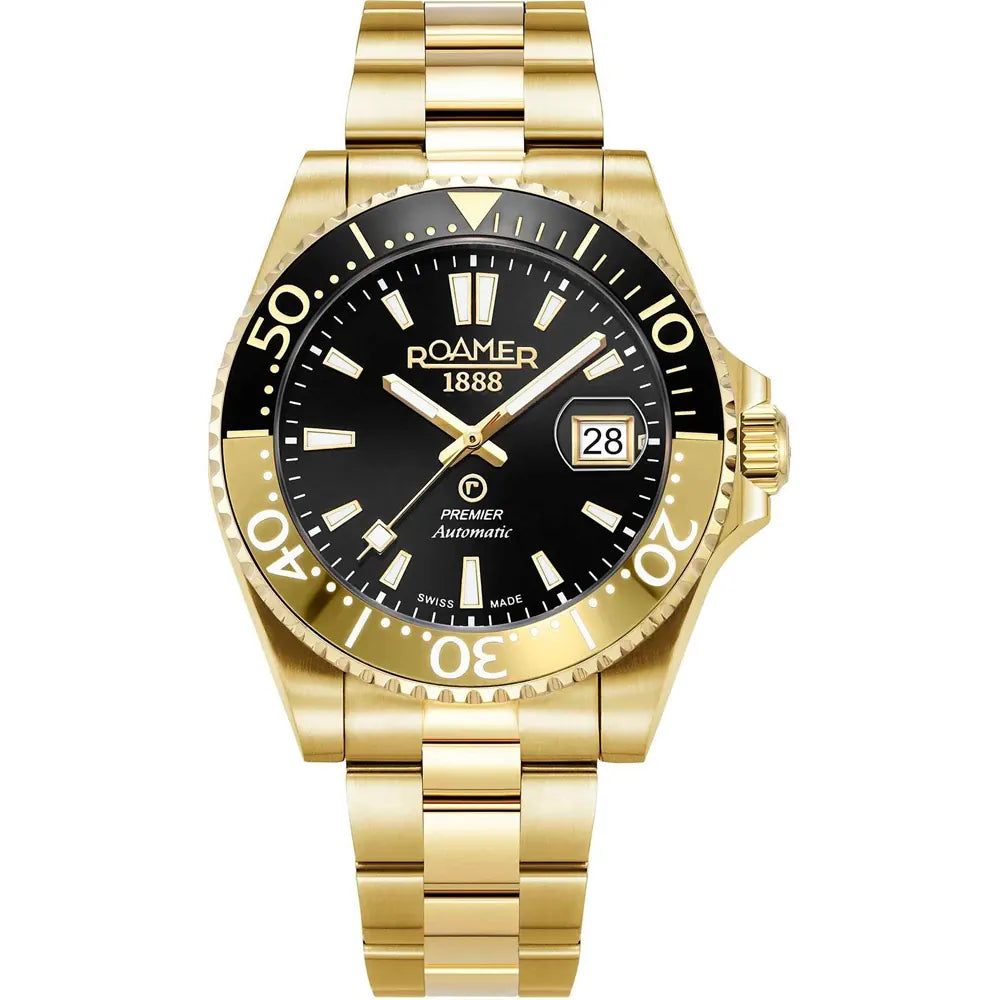 Roamer Premier 42mm Men's Swiss Automatic Watch – Gold Stainless Steel Case, Black Dial, Sapphire Crystal, 20 Bar Water Resistance
