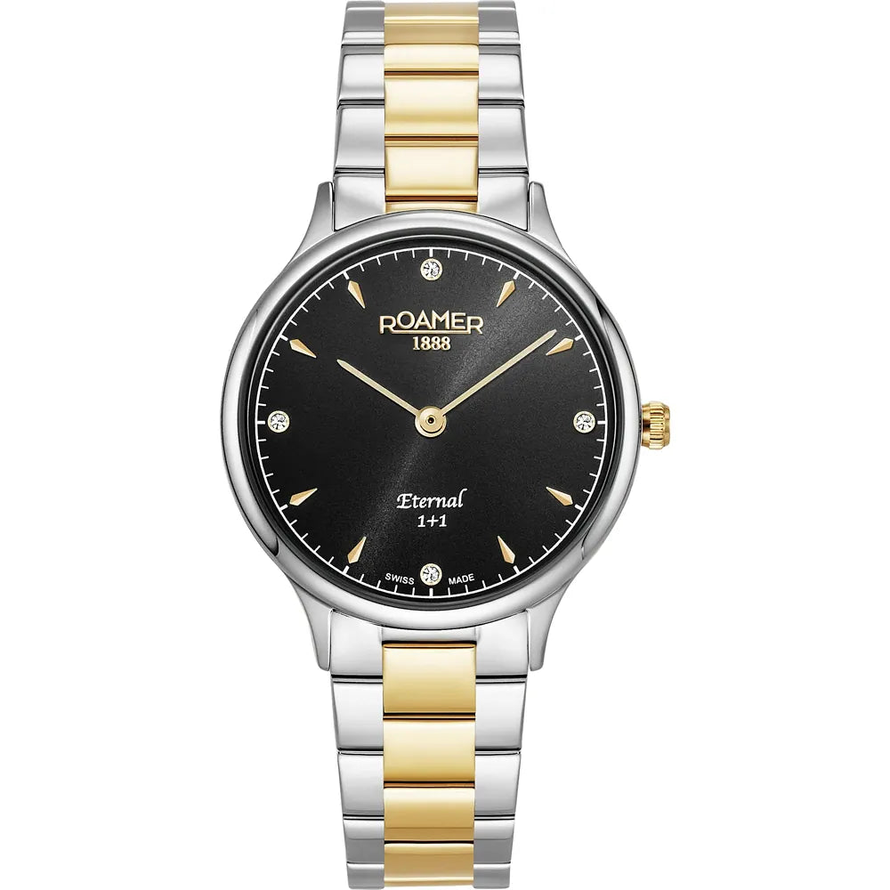 Roamer Eternal 30 mm Ladies Battery Watch – Swiss Made, Black Dial with Gold Hands, Bicolor Stainless Steel Link Bracelet, Anti-Reflective Sapphire Glass, 5 Bar Water Resistance