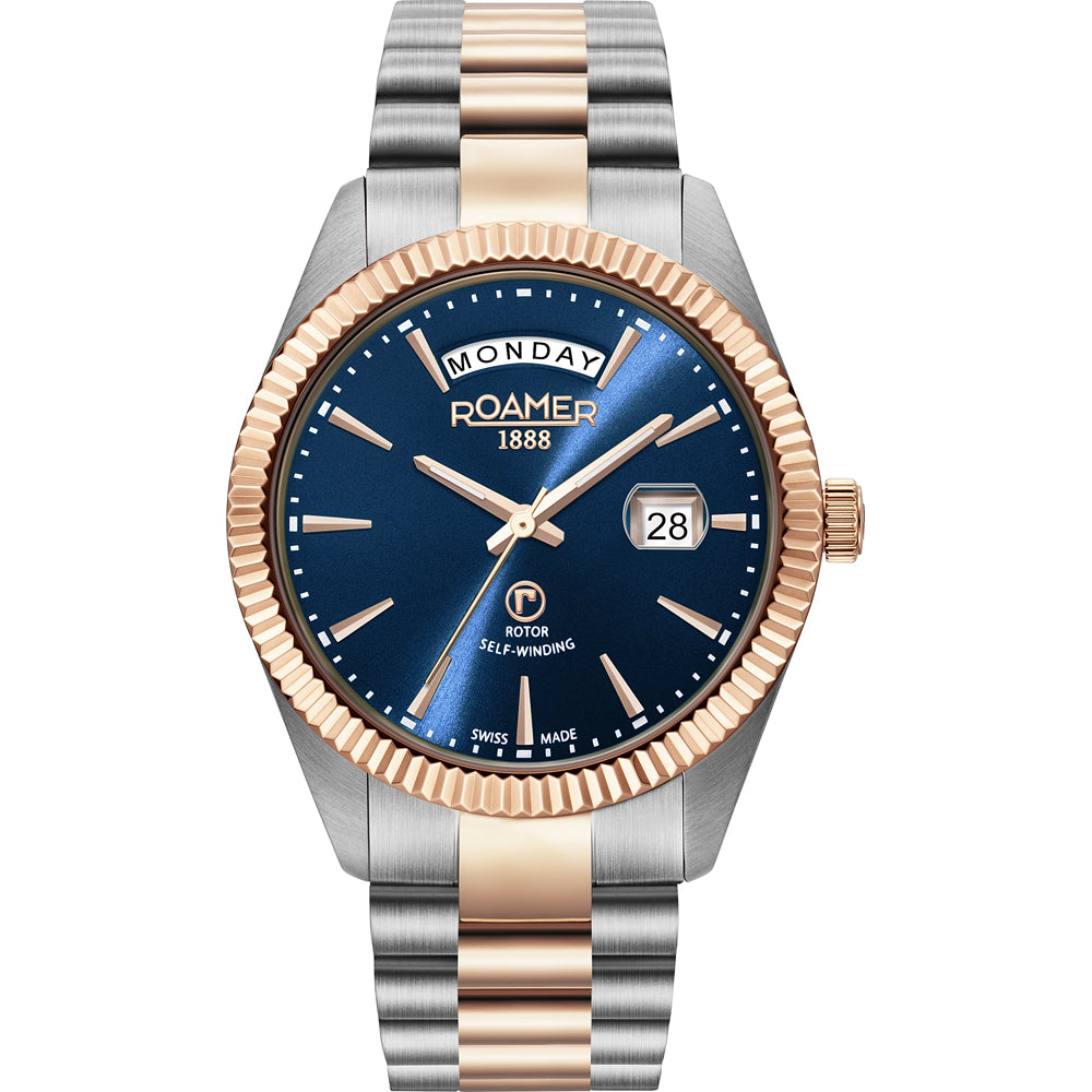 Roamer Primeline Daydate 42mm Men's Swiss Automatic Watch – Blue Dial, Rose Gold Hands, Stainless Steel Case, Sapphire Glass, 41-Hour Power Reserve