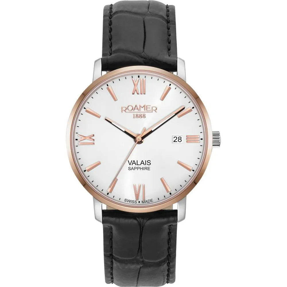 Roamer Valais 39 mm Men's Battery Watch – Swiss Made, Silver Stainless Steel, Sapphire Crystal, Silver Dial, Black Leather Strap, 5ATM Water Resistance