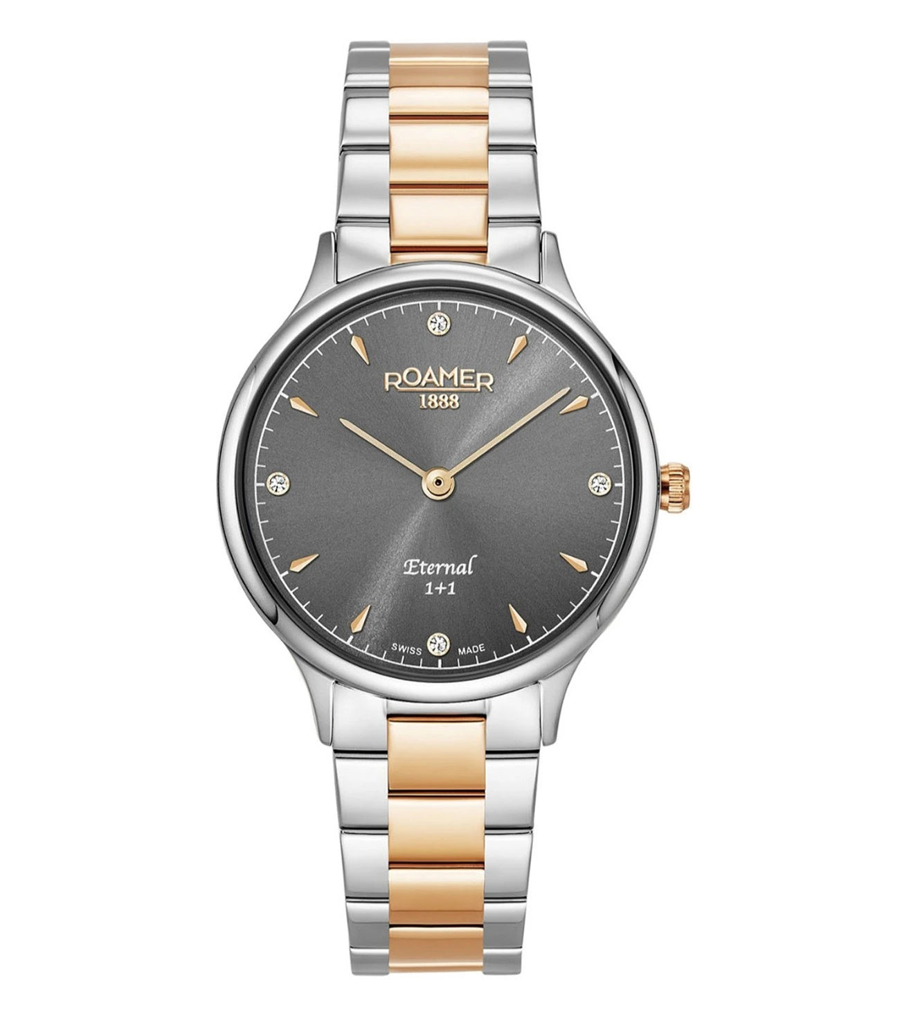 Roamer Eternal 30 mm Ladies Battery Watch – Swiss Made, Grey Dial with Rose Gold Hands, Bicolor Rose Stainless Steel Strap, Sapphire Glass, 5 Bar Water Resistance
