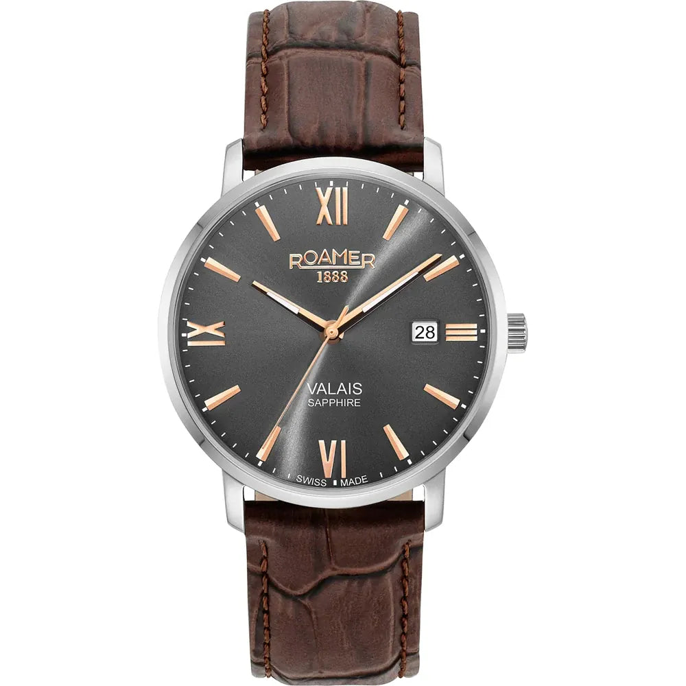 Roamer Valais 39 mm Men's Battery Watch – Swiss Made, Silver Stainless Steel, Sapphire Crystal, Grey Dial, Brown Leather Strap, 5ATM Water Resistance