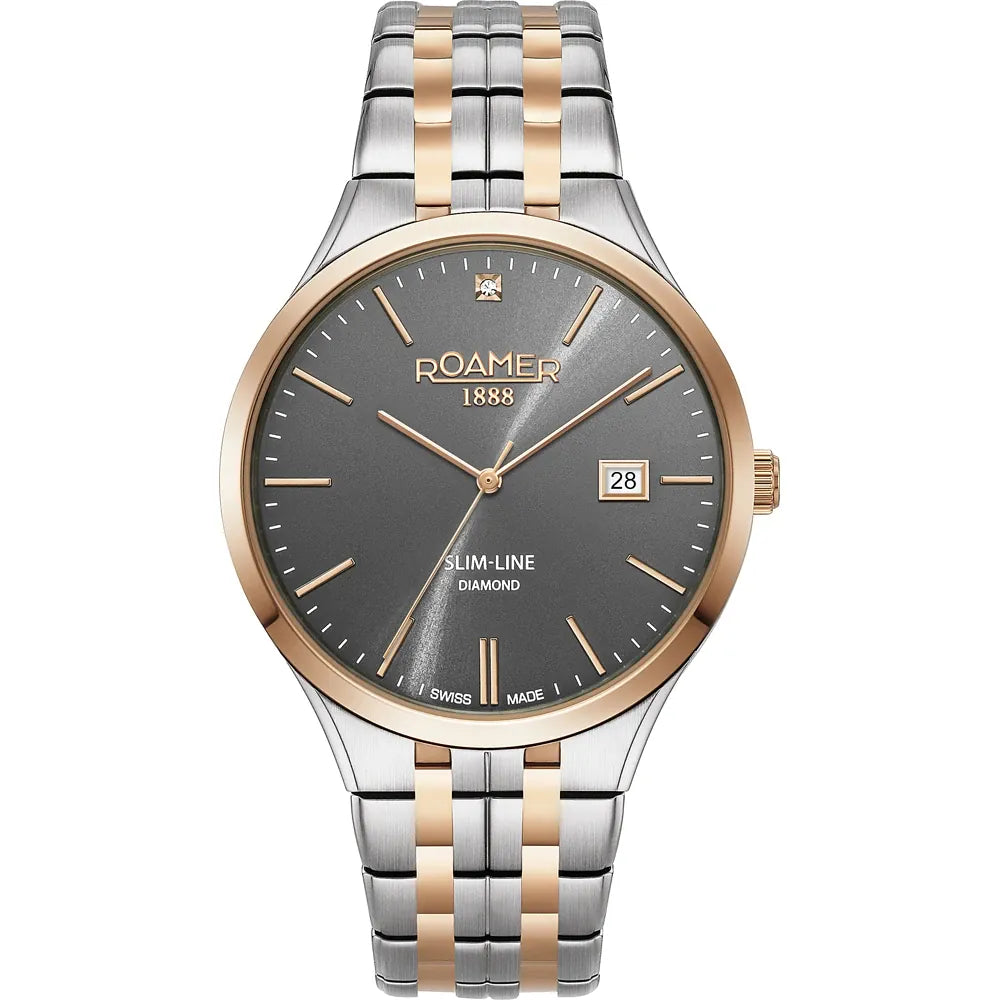 Roamer Slim-Line Diamond 40 mm Men's Battery Watch – Swiss Made, Silver Stainless Steel, Bicolor Rose Metal Strap, Sapphire Crystal, 5ATM Water Resistance