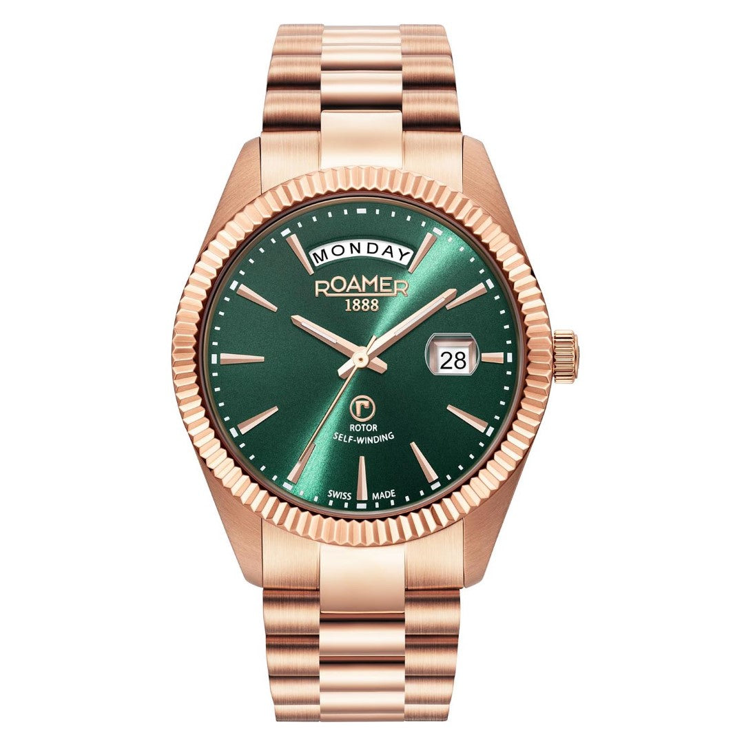 Roamer Primeline Daydate Rose-Gold Tone 42mm Men's Automatic Watch – Swiss Made, Sapphire Crystal, 5 Bar Water Resistance