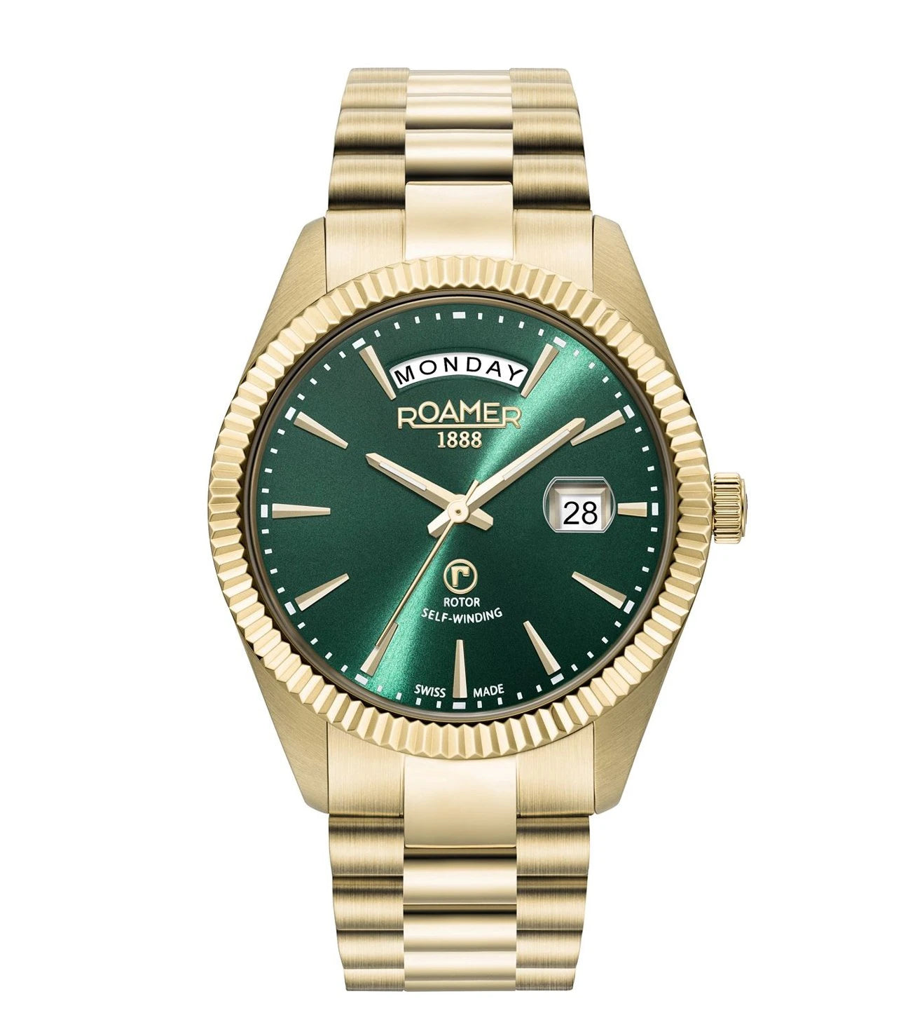 Roamer Primeline Daydate 42 mm Men's Automatic Watch – Stainless Steel Case, Green Dial, Sapphire Crystal, 50 m Water Resistance
