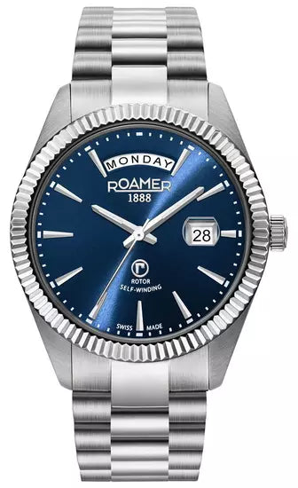 Roamer Primeline Daydate 42mm Men's Swiss Automatic Watch – Blue Dial, Silver Stainless Steel Case, Sapphire Crystal, 50M Water Resistance