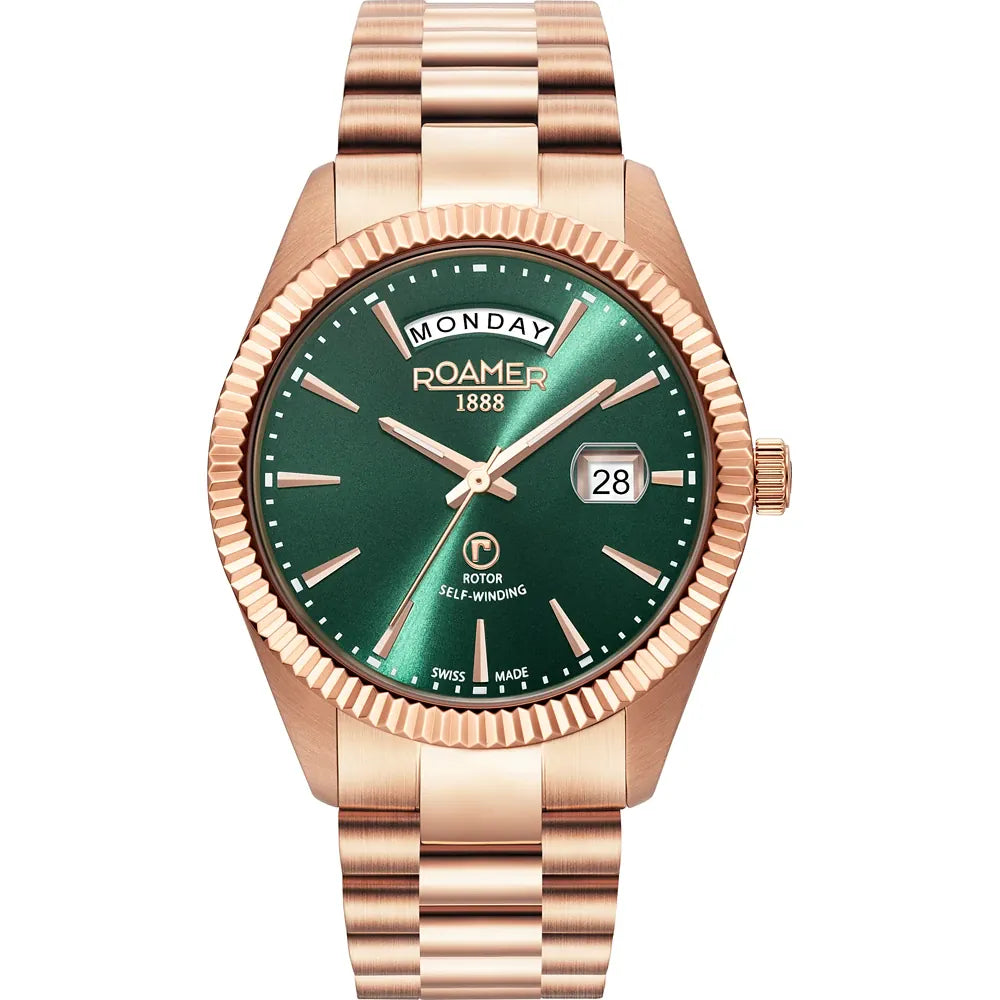 Roamer Primeline Daydate II 42 mm Men's Automatic Watch – Rose-Gold Tone Stainless Steel, Green Dial, Sapphire Crystal, 5 ATM Water Resistance
