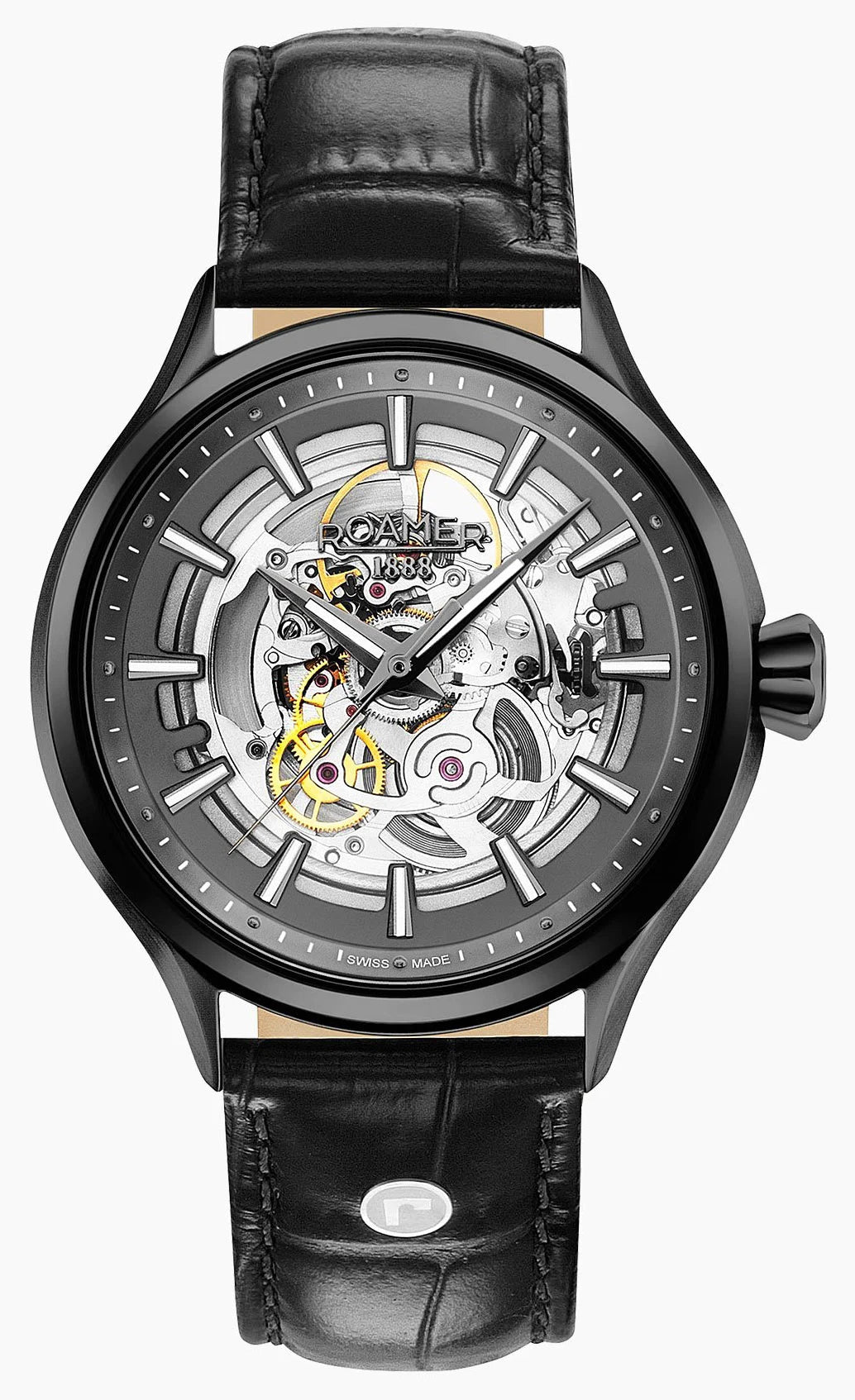 Roamer Competence Skeleton III 43mm Men's Automatic Watch – Swiss Made, Stainless Steel, Sapphire Crystal, 48-Hour Power Reserve, Black Leather Strap