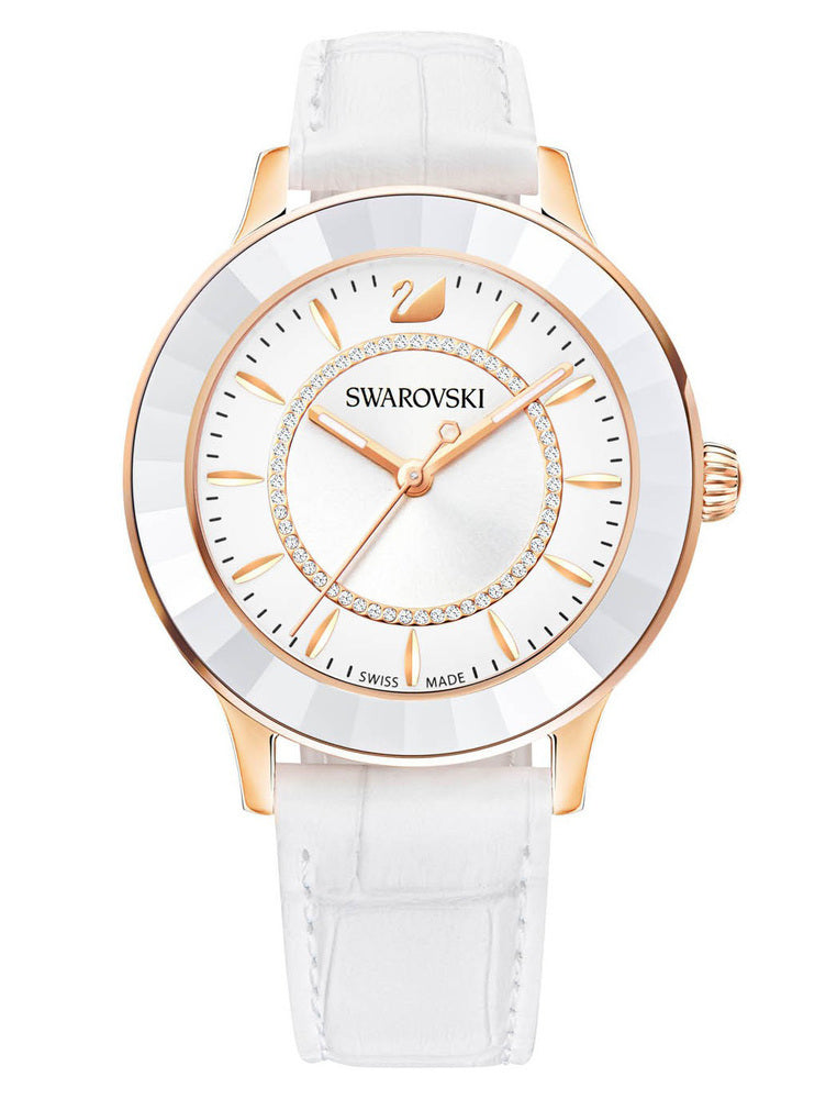 Swarovski Octea Rose Gold 39mm Watch – Swiss-Made Quartz with White Leather Strap | Elegant Women's Timepiece