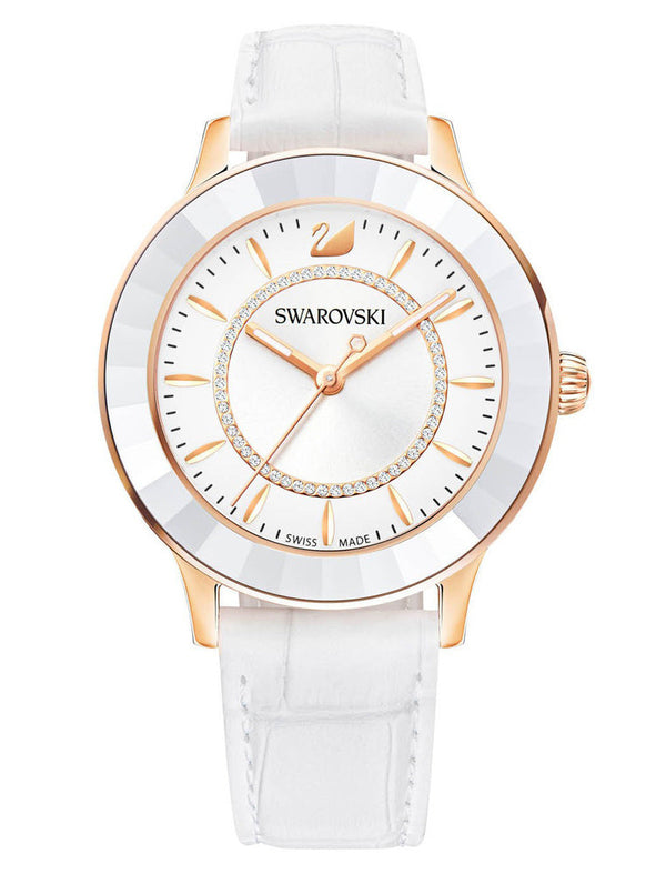 Swarovski Octea Rose Gold 39mm Watch – Swiss-Made Quartz with White Leather Strap | Elegant Women's Timepiece