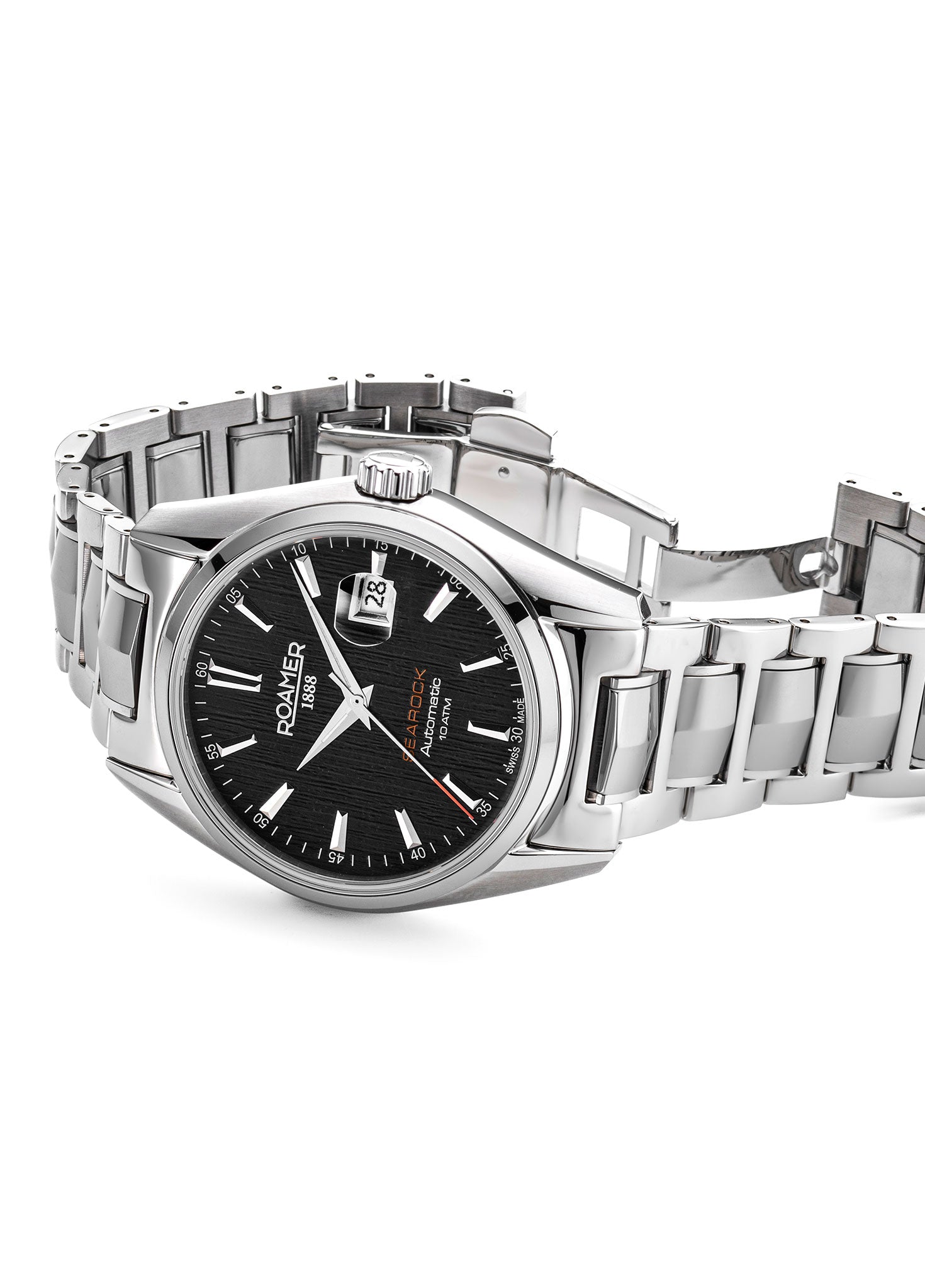 Roamer Searock Men's Automatic Black Dial Watch – Swiss Made SOPROD P24, 42mm Stainless Steel Case, 100m Water Resistance, Sapphire Crystal