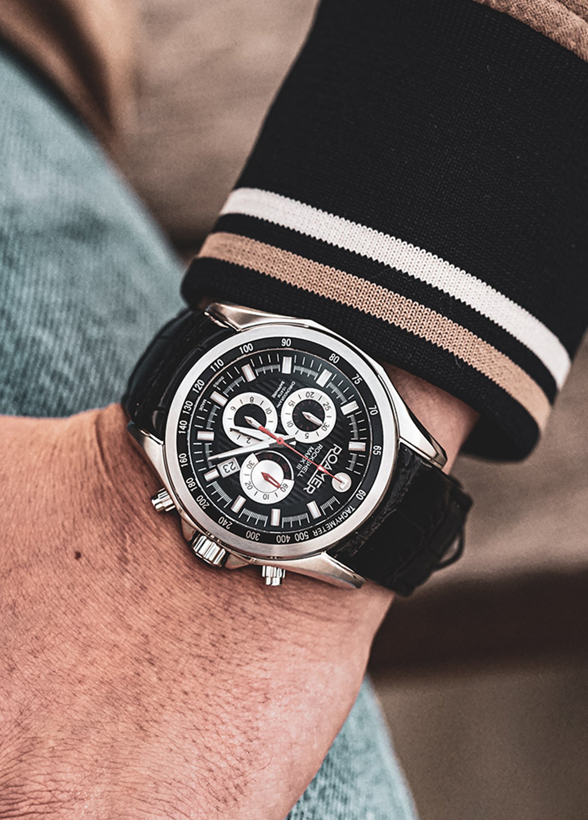 Roamer Rockshell Mark III Chronograph 44 mm Men's Watch – Black Dial, Leather Strap, Swiss Quartz Movement