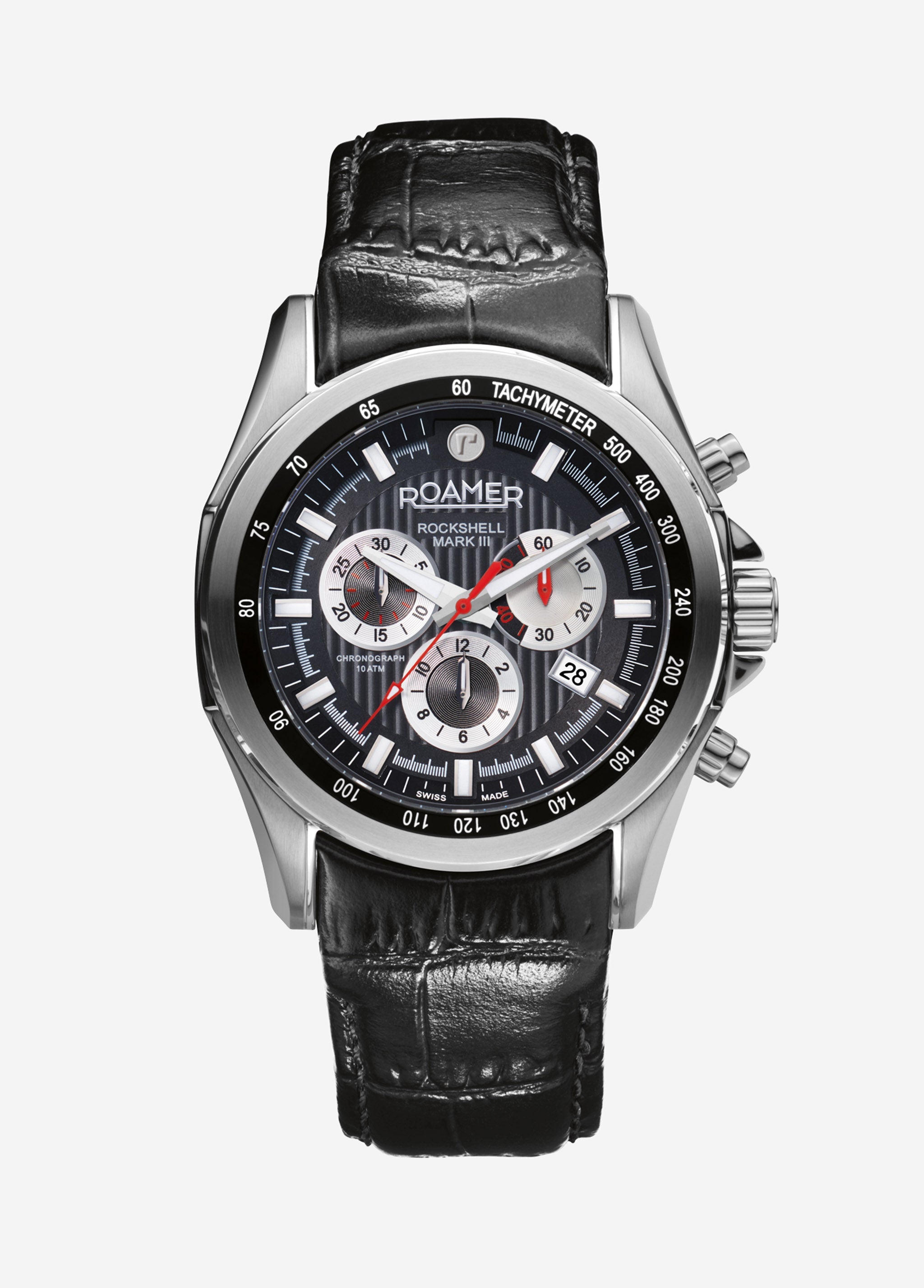 Roamer Rockshell Mark III Chronograph 44 mm Men's Watch – Black Dial, Leather Strap, Swiss Quartz Movement