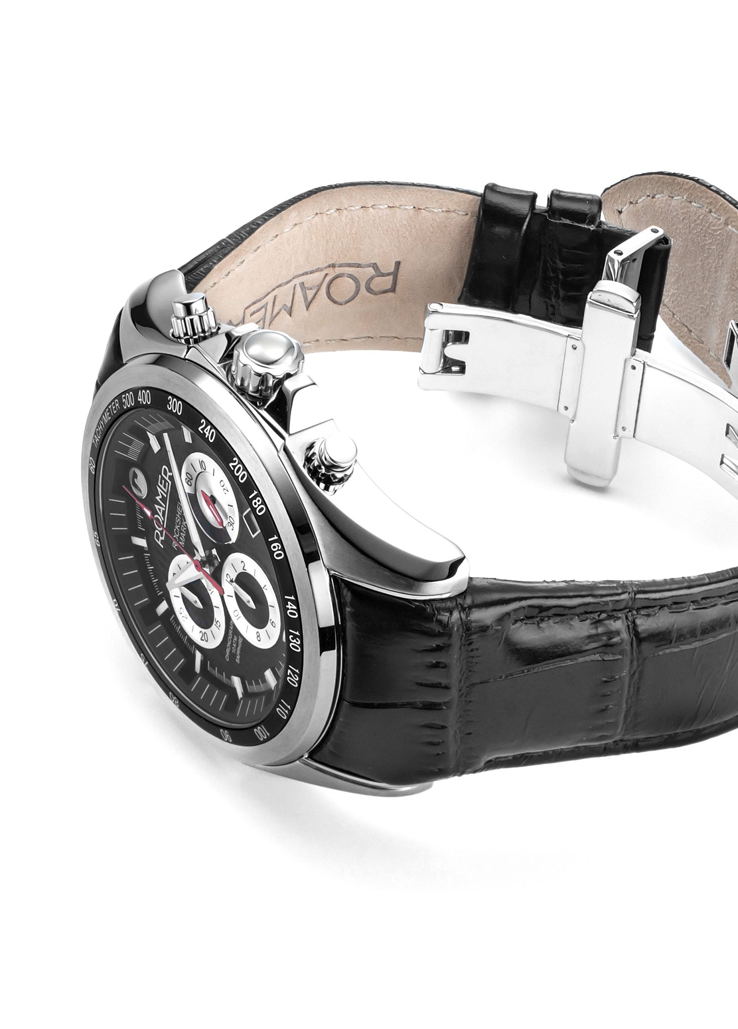 Roamer Rockshell Mark III Chronograph 44 mm Men's Watch – Black Dial, Leather Strap, Swiss Quartz Movement