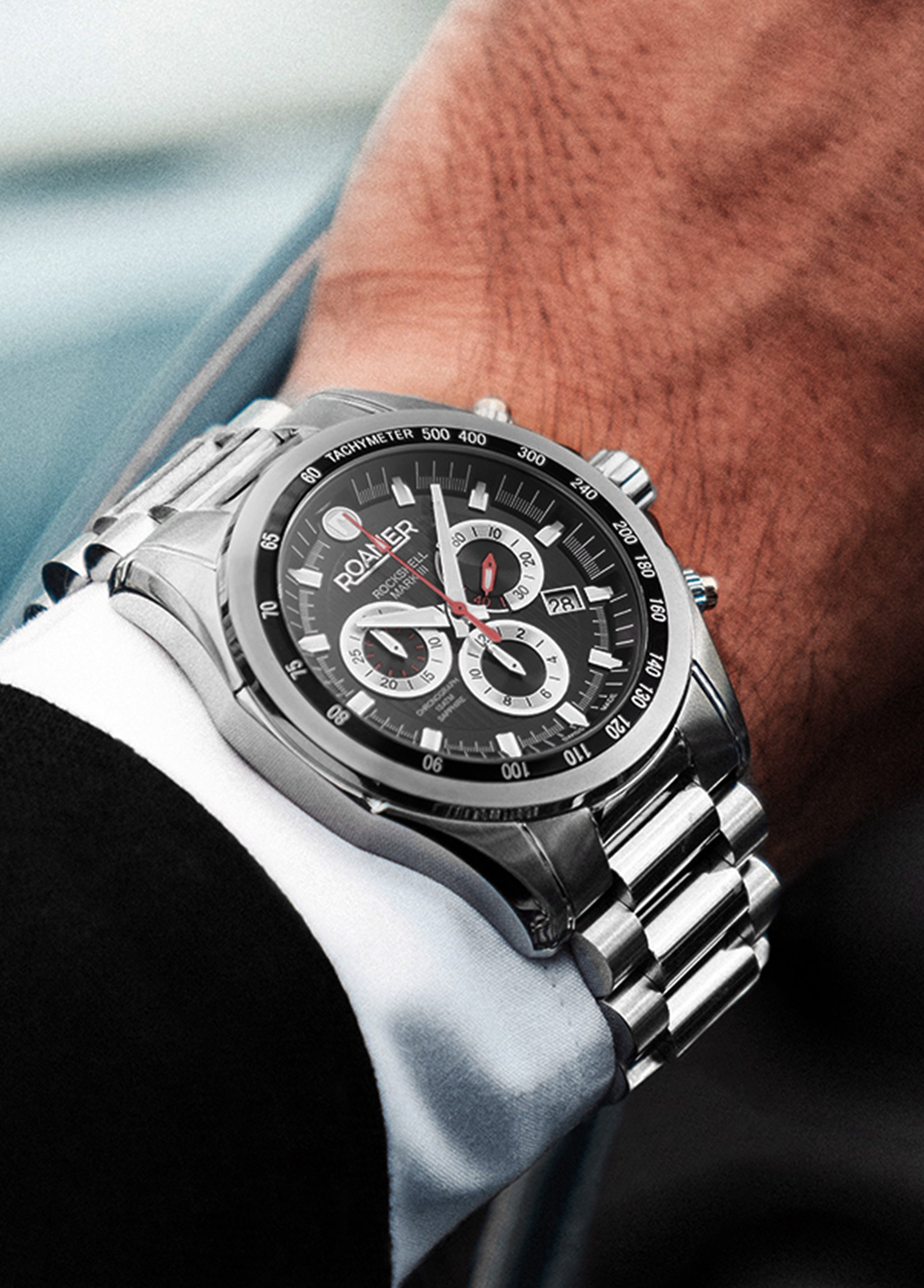 Roamer Rockshell Mark III Chronograph 44 mm Men's Watch – Black Dial, Stainless Steel Bracelet, Swiss Quartz Movement