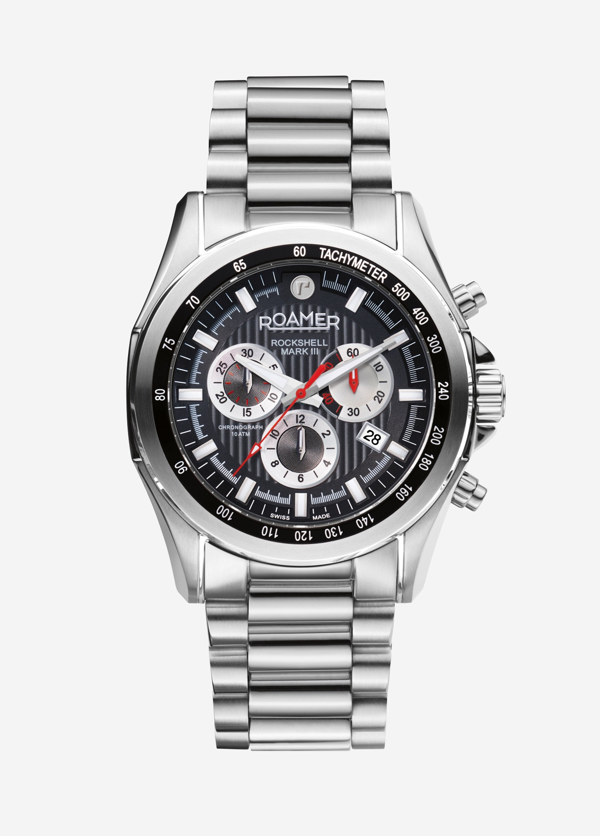 Roamer Rockshell Mark III Chronograph 44 mm Men's Watch – Black Dial, Stainless Steel Bracelet, Swiss Quartz Movement