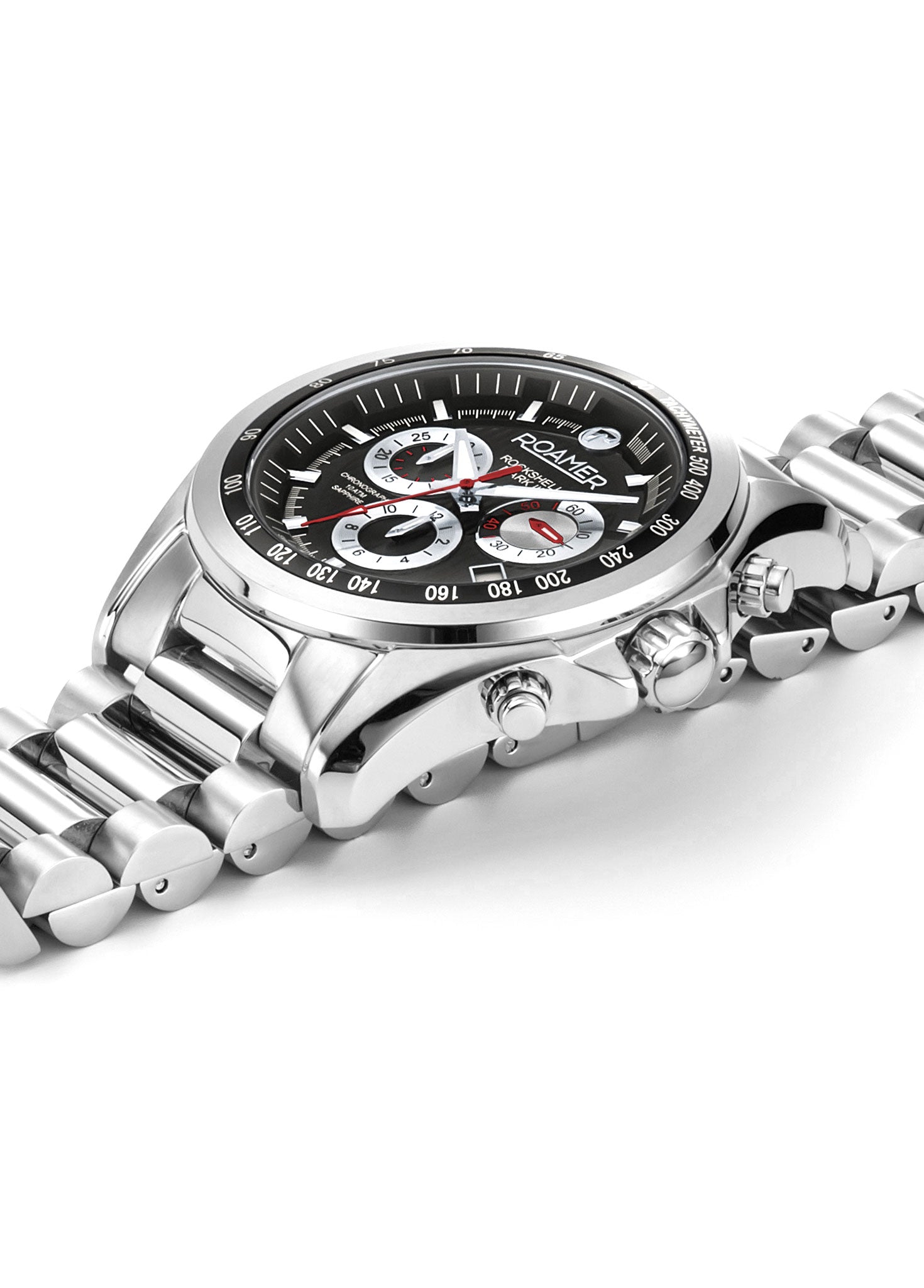 Roamer Rockshell Mark III Chronograph 44 mm Men's Watch – Black Dial, Stainless Steel Bracelet, Swiss Quartz Movement