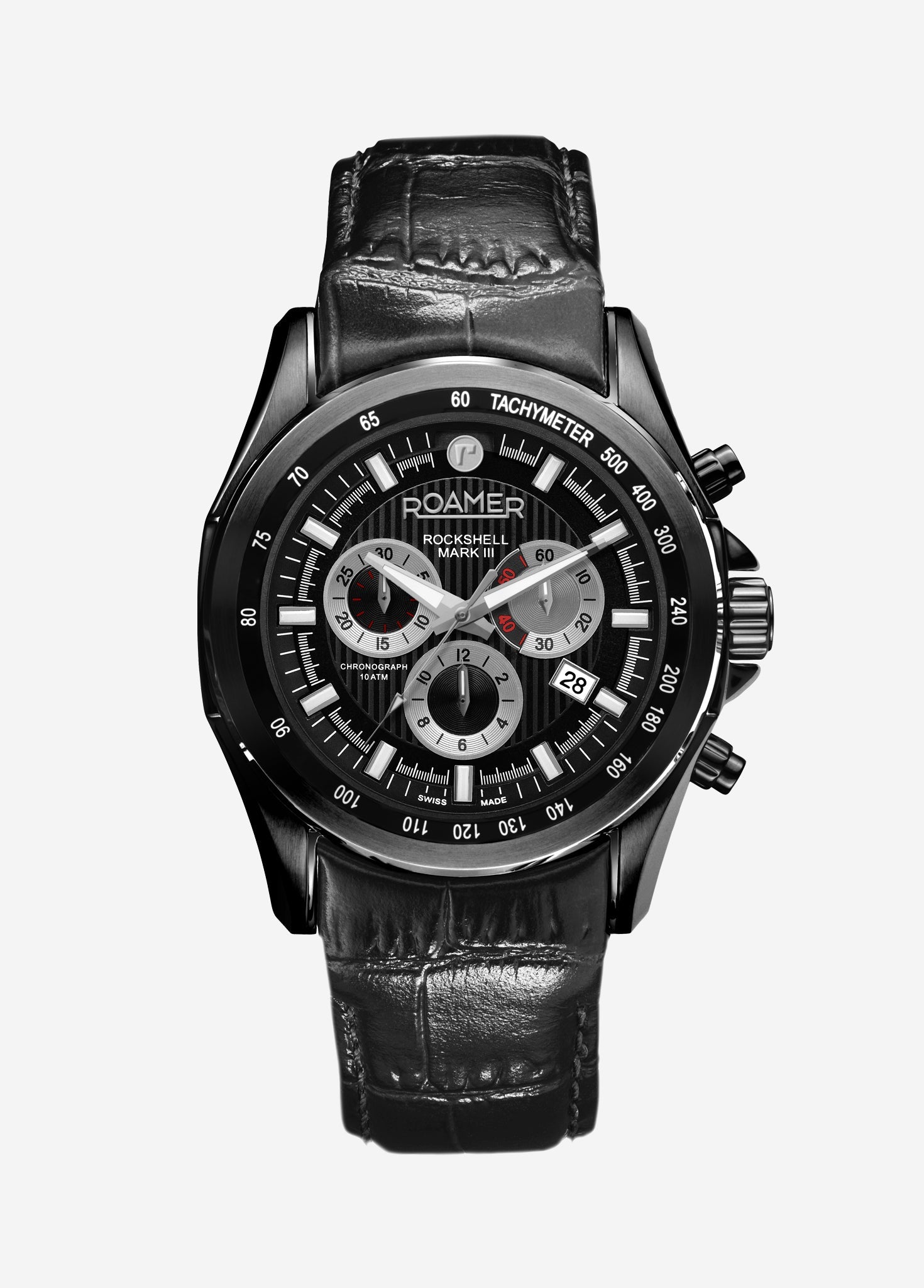 Roamer Rockshell Mark III Chronograph 44 mm Men's Watch – Black Dial, Black Leather Strap, Swiss Quartz Movement