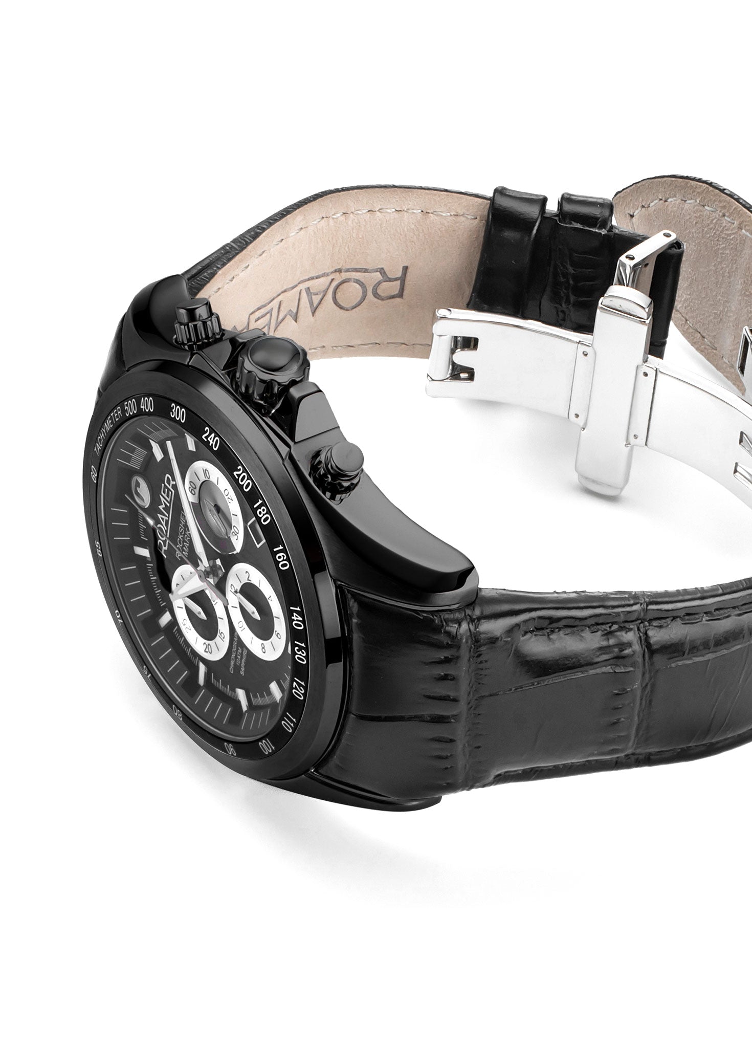 Roamer Rockshell Mark III Chronograph 44 mm Men's Watch – Black Dial, Black Leather Strap, Swiss Quartz Movement