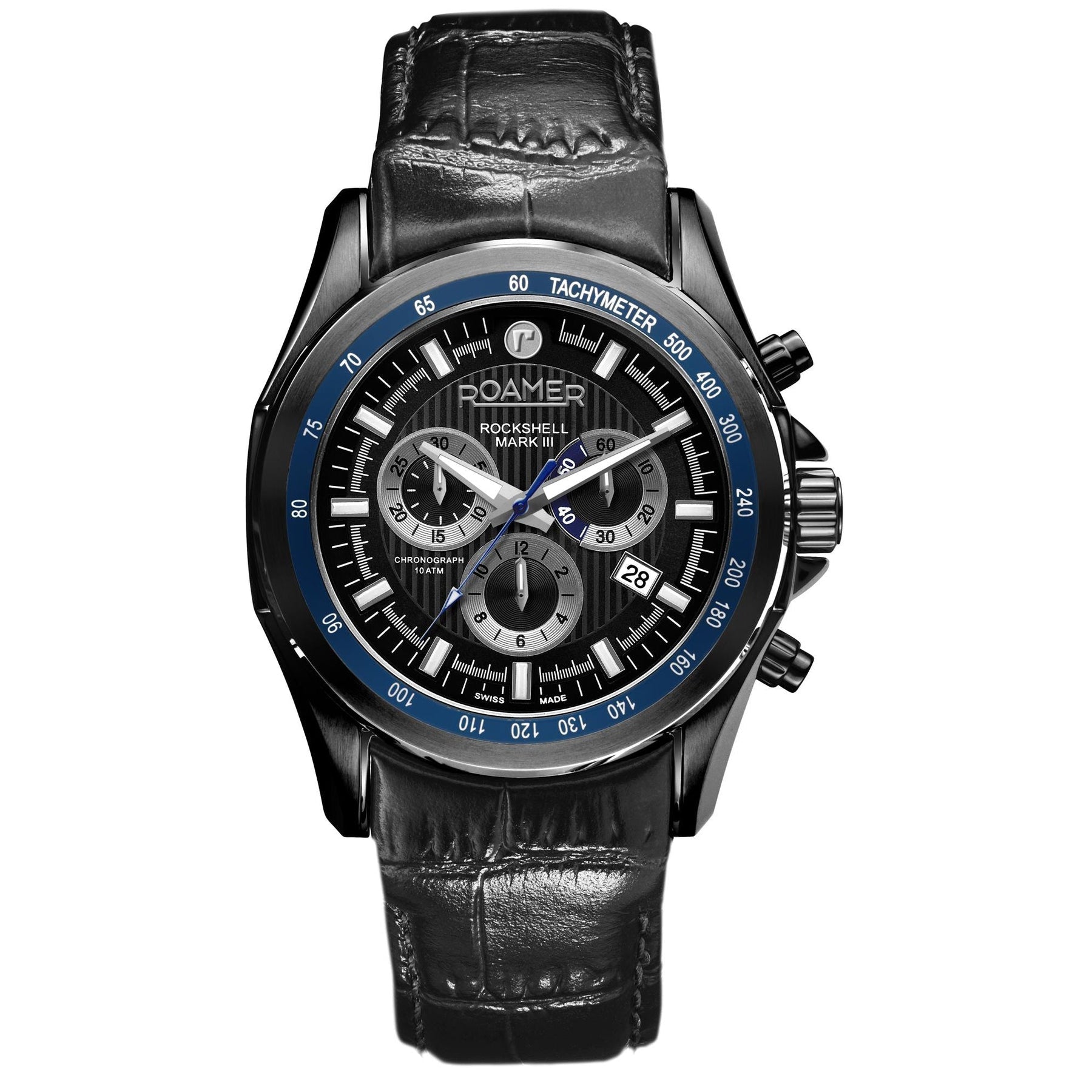Roamer Rockshell Mark III Chronograph 44 mm Men's Watch – Black Dial, Black Leather Strap, Swiss Quartz Movement