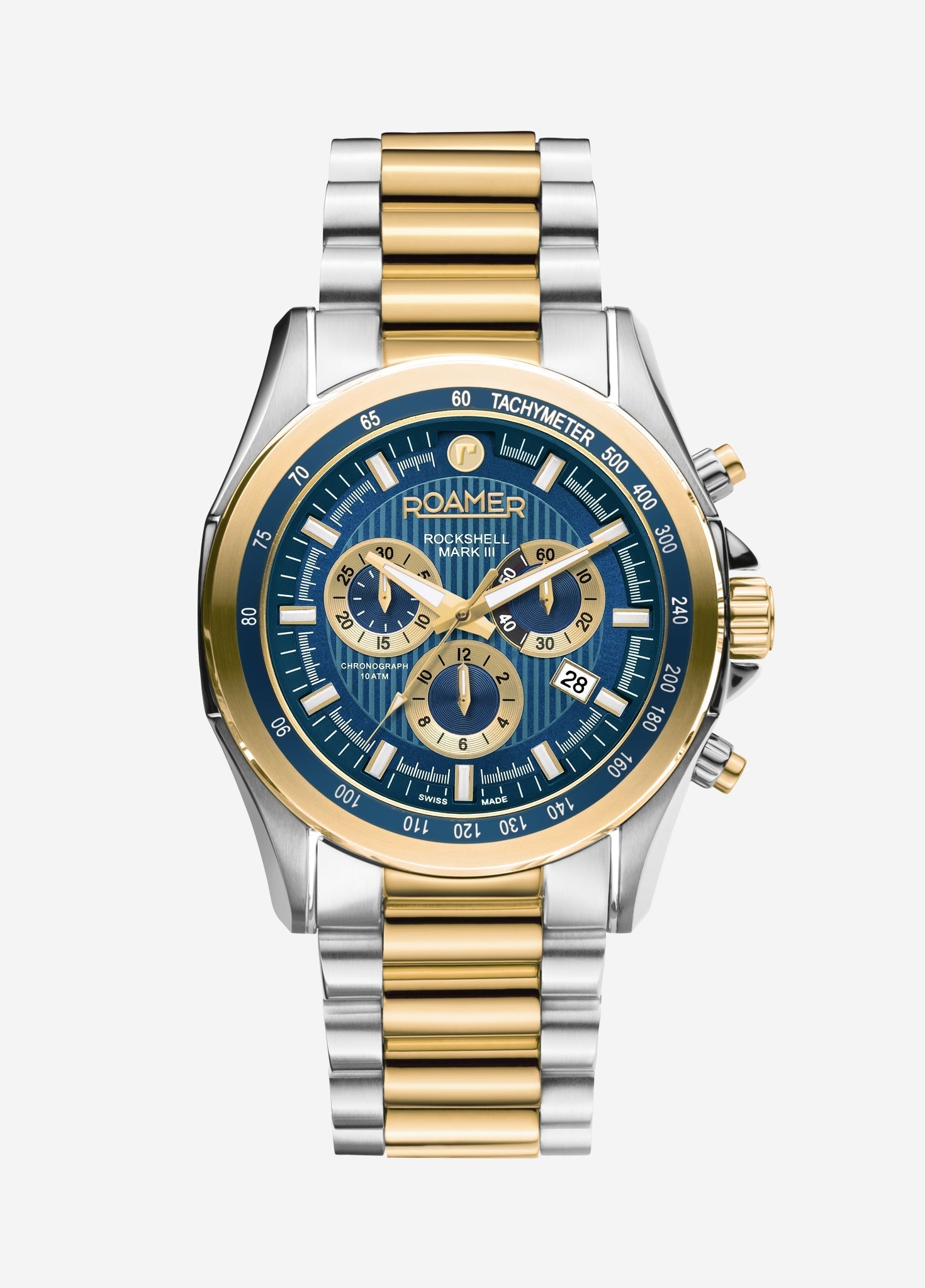 Roamer Rockshell Mark III Chronograph 44 mm Men's Watch – Blue Dial, Silver & Gold Case, Swiss Quartz Movement