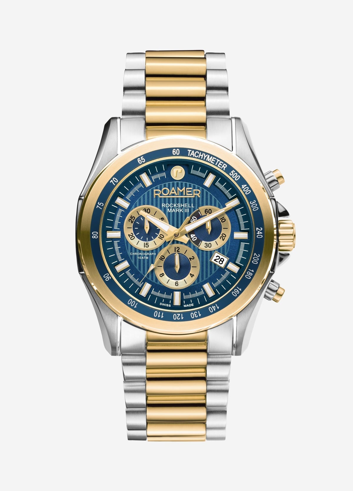 Roamer Rockshell Mark III Chronograph 44 mm Men's Watch – Blue Dial, Silver & Gold Case, Swiss Quartz Movement