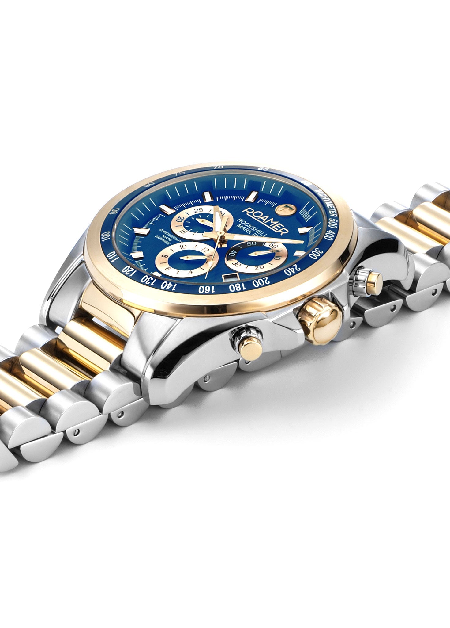 Roamer Rockshell Mark III Chronograph 44 mm Men's Watch – Blue Dial, Silver & Gold Case, Swiss Quartz Movement
