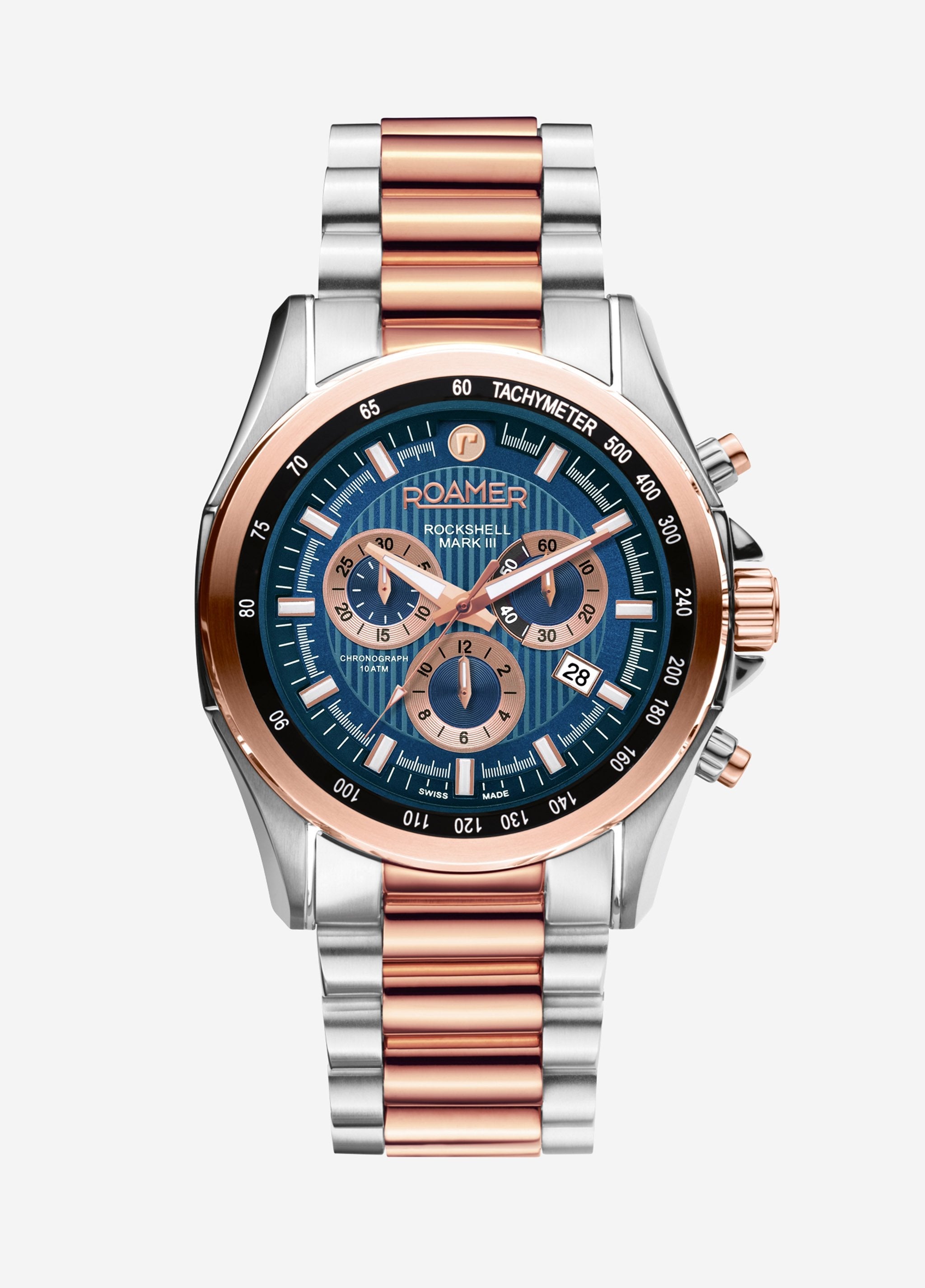 Roamer Rockshell Mark III Chronograph 44 mm Men's Watch – Blue Dial, Silver & Rosegold Case, Swiss Quartz Movement