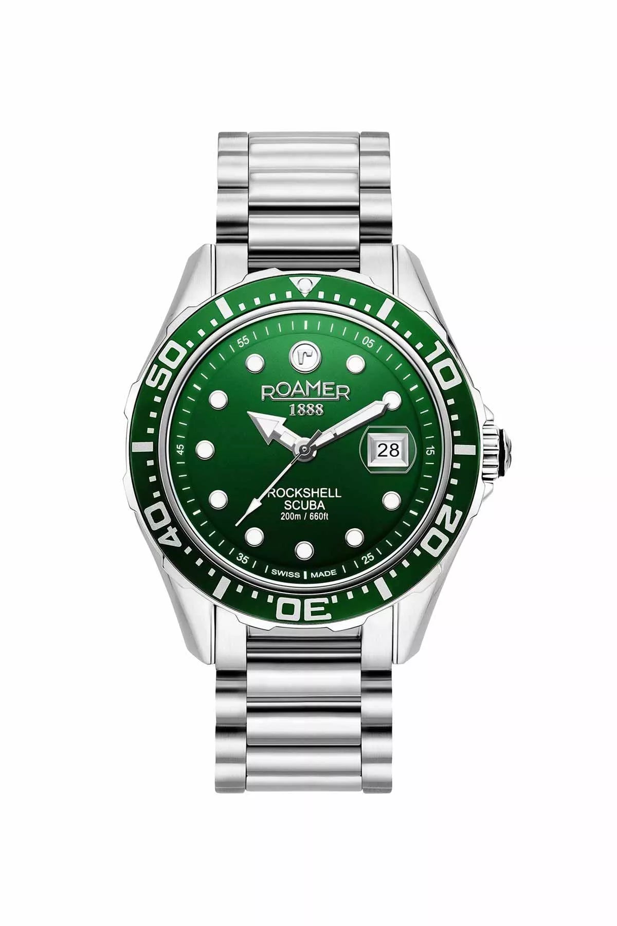 Roamer Rockshell Mark III 45mm Men's Swiss Quartz Watch – Green Dial, Sapphire Glass, 200M Water Resistance, Stainless Steel Case & Strap