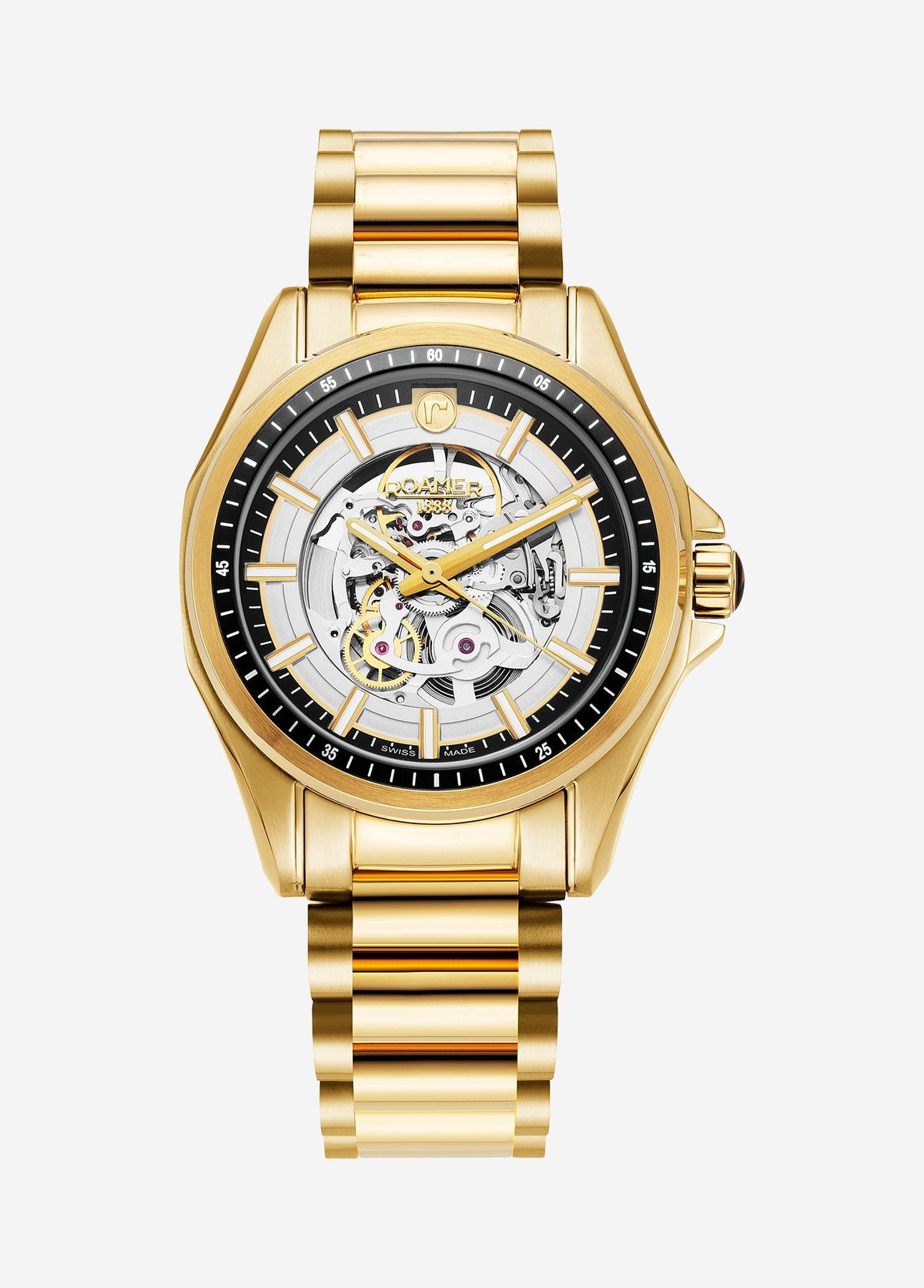 Roamer Rockshell Mark III Skeleton 44mm Men's Automatic Watch – Swiss Made, Gold Stainless Steel, 100m Water Resistance, Sapphire Crystal